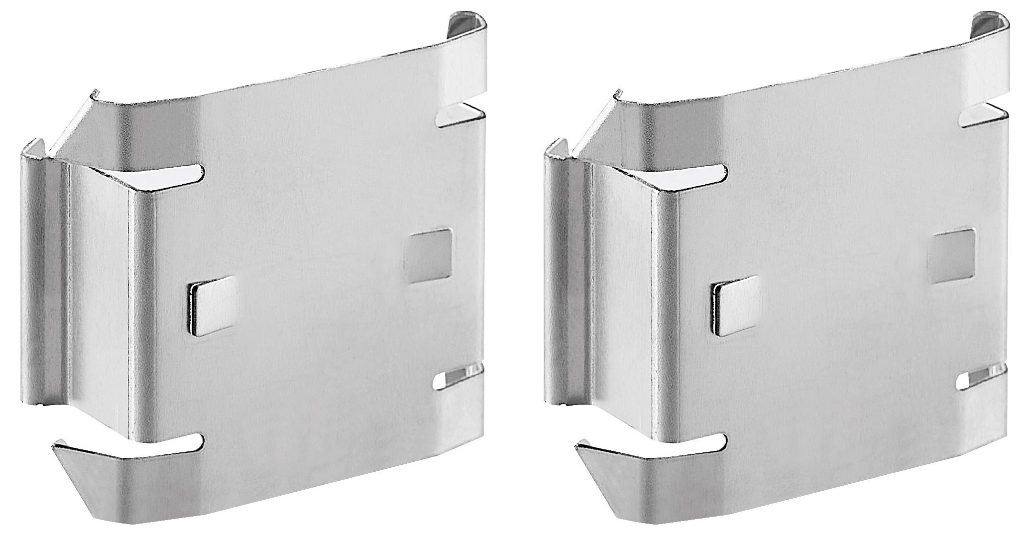 Dwa identyczne srebrne metalowe mocowania obok siebie. Są trapezoidalne i mają wycięcia do mocowania na powierzchniach.