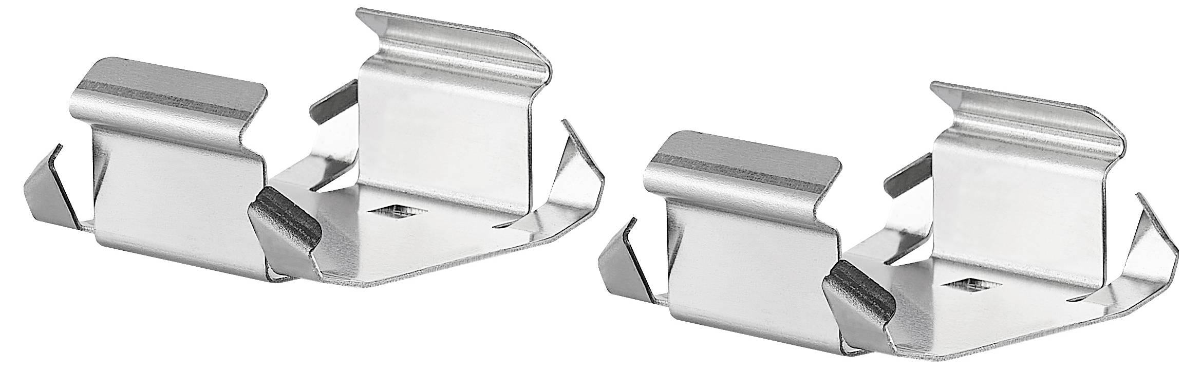 Dwie srebrne metalowe zaciski obok siebie, które mogą być używane do mocowania lub trzymania przedmiotów.