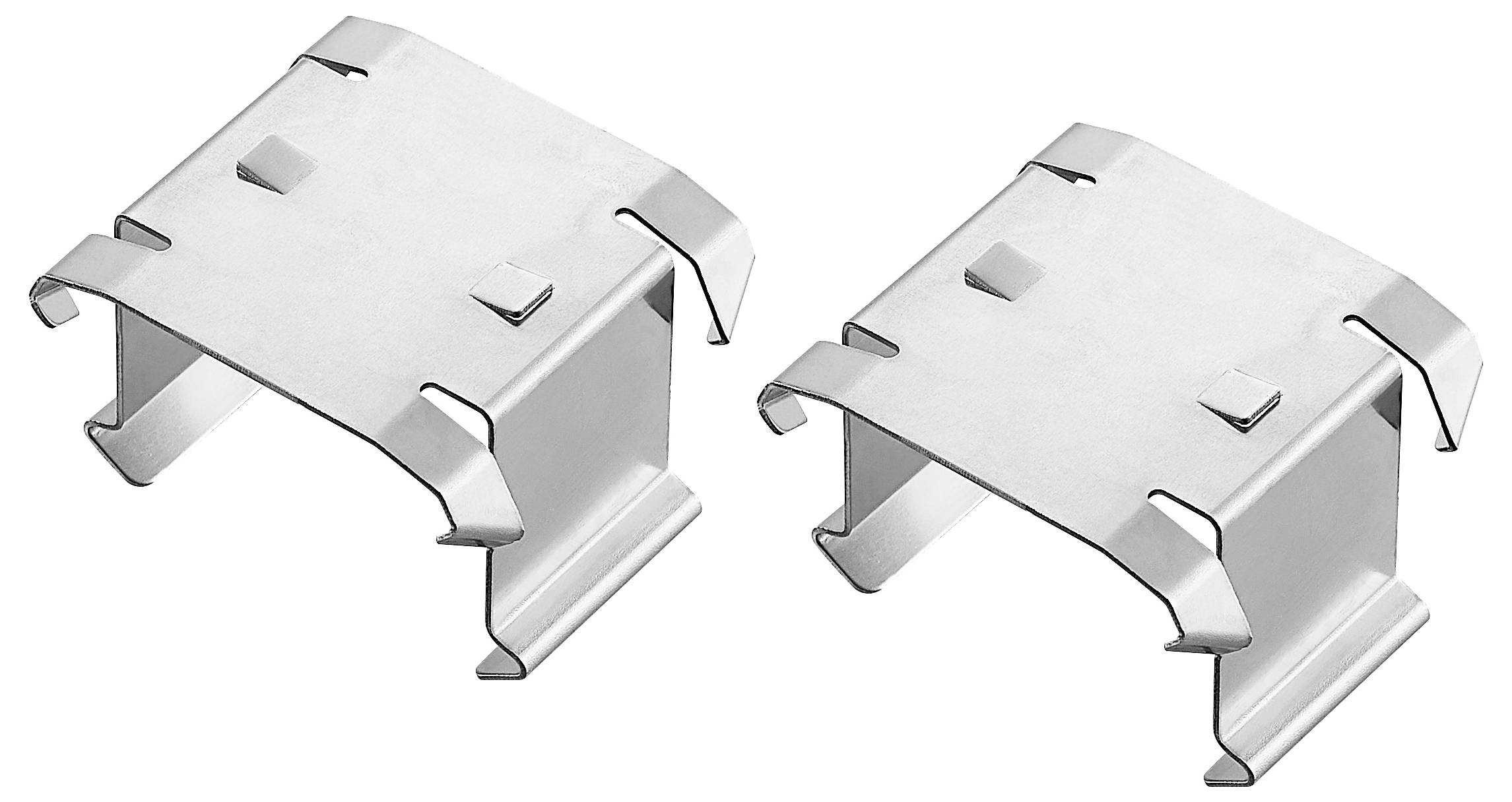 Dwa srebrne metalowe klipsy obok siebie, o prostokątnym kształcie, z zaokrąglonymi rogami i haczykami po bokach. Odpowiednie do mocowania.