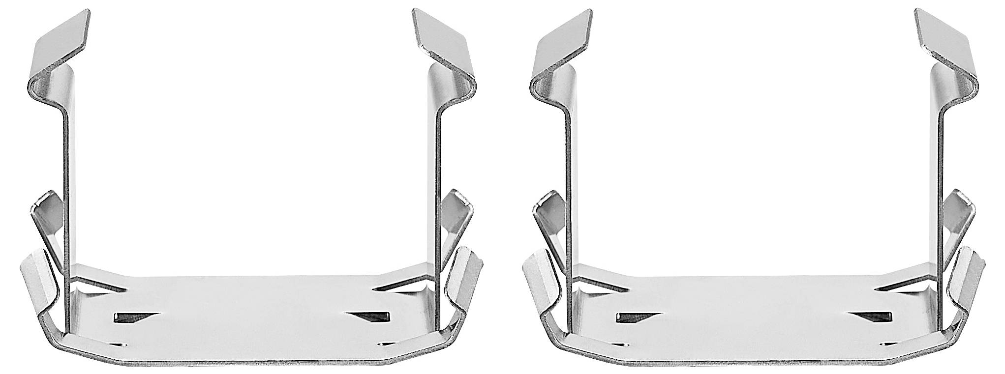 Dwa srebrne metalowe uchwyty, umieszczone symetrycznie obok siebie, odpowiednie do mocowania przedmiotów.
