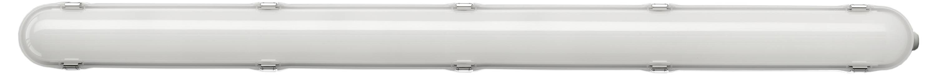 Podłużna, biała, rurowa oprawa oświetleniowa z kilkoma uchwytami montażowymi. Idealna do równomiernego oświetlenia w środowiskach przemysłowych.