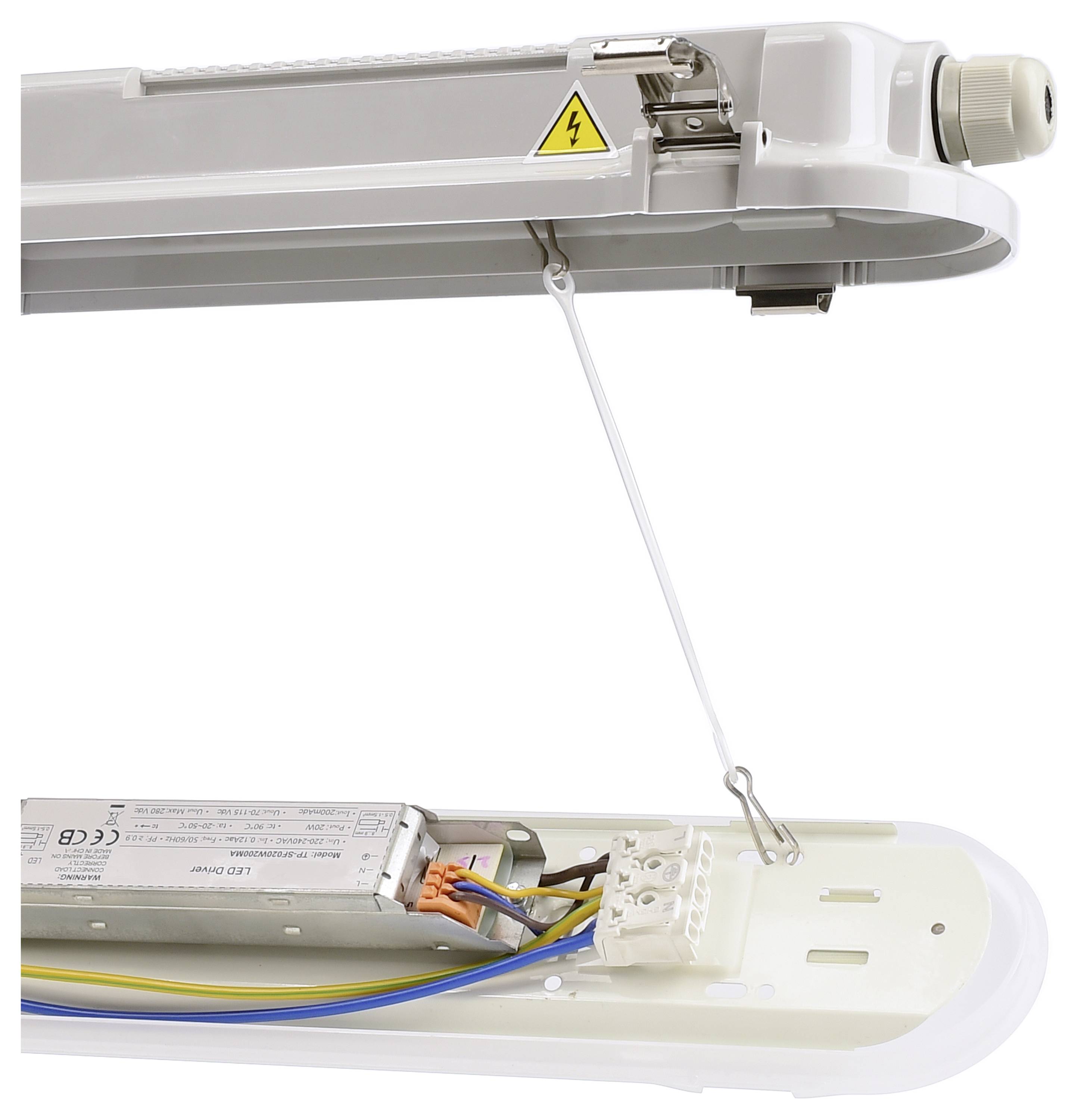 Na zdjęciu przedstawiono wnętrze otwartej lampy LED z widocznymi połączeniami elektrycznymi i kablami. Widoczny jest symbol ostrzegawczy.