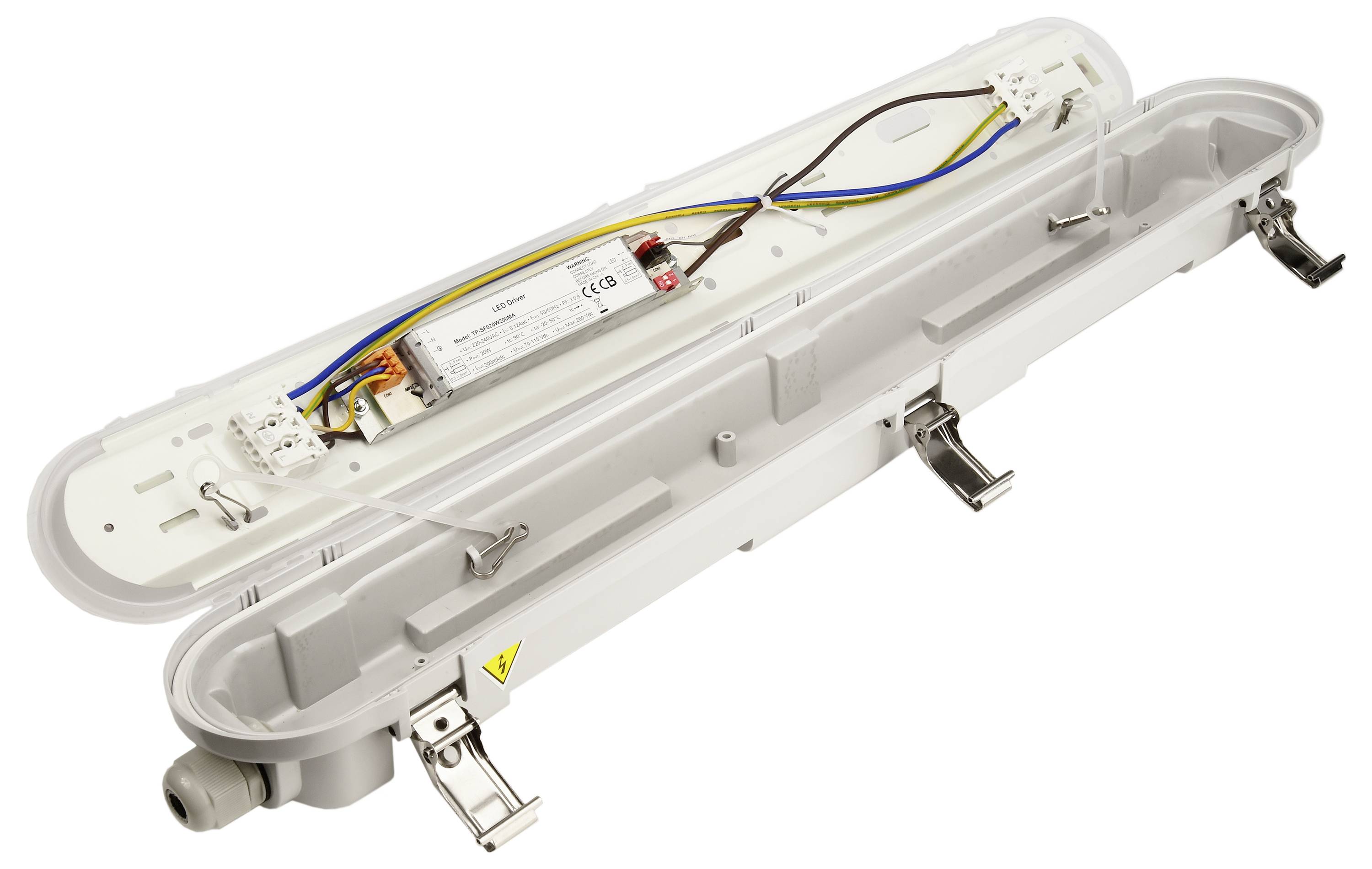 Otwarta oprawa LED bez osłony, pokazująca wewnętrzne okablowanie i komponenty elektroniczne, odpowiednia do instalacji technicznych.