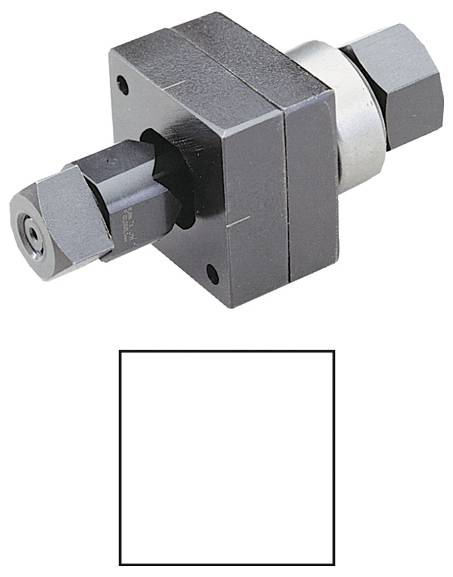 Kwadratowy element mechaniczny z sześciokątnym mocowaniem, prawdopodobnie stosowany w wyposażeniu przemysłowym lub maszynach.