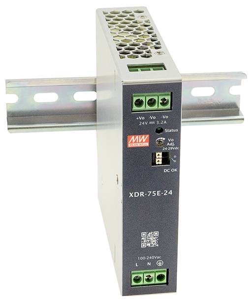 Блок живлення для DIN-рейки MEAN WELL XDR-75E-24, 24 В, 3,2 А, 76,8 Вт. Комплектація: 1 шт.