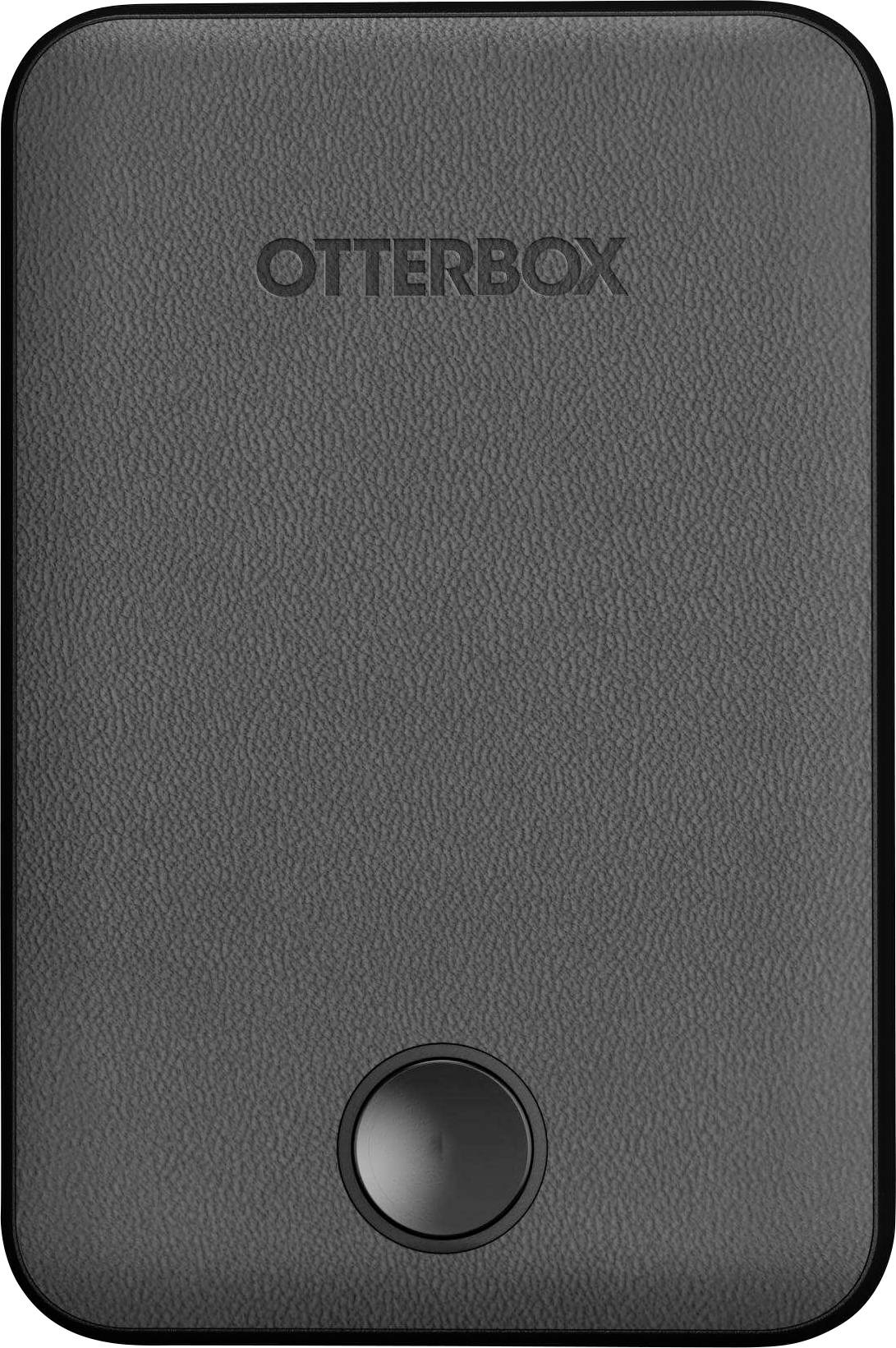 Czarny przenośny powerbank z napisem 'OTTERBOX' na górze, wyposażony w okrągły przycisk w pobliżu dolnej części środka.