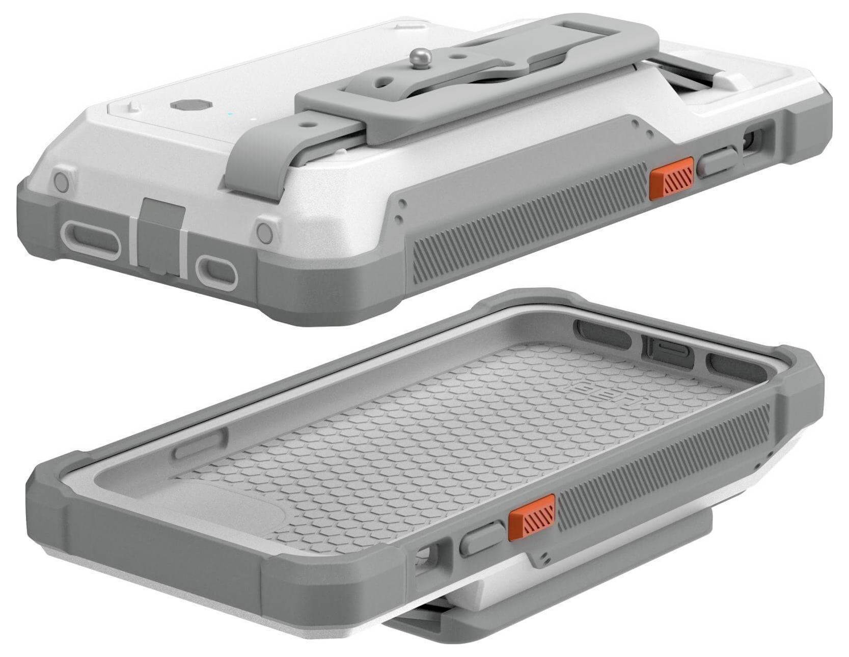 Dwa widoki wytrzymałego, szaro-białego, ochronnego etui na urządzenie elektroniczne, charakteryzujące się solidną konstrukcją z uchwytem i pomarańczowymi akcentami.