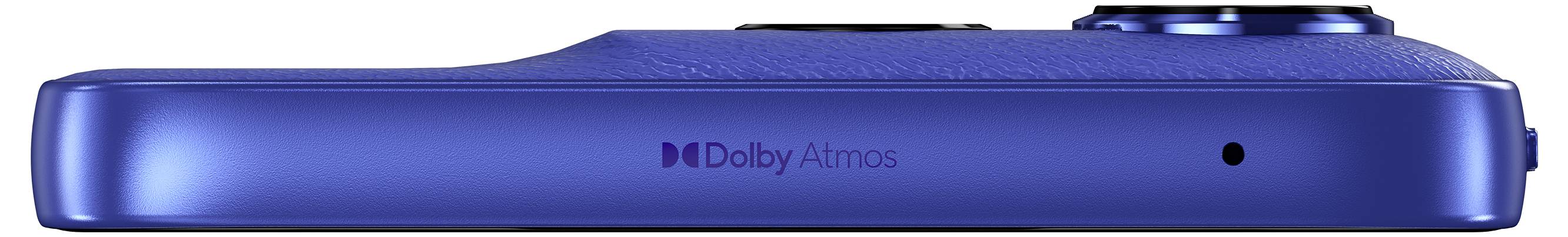 Widok z boku niebieskiego smartfona z logotypem "Dolby Atmos", z podwójnymi soczewkami aparatu na górnej krawędzi.