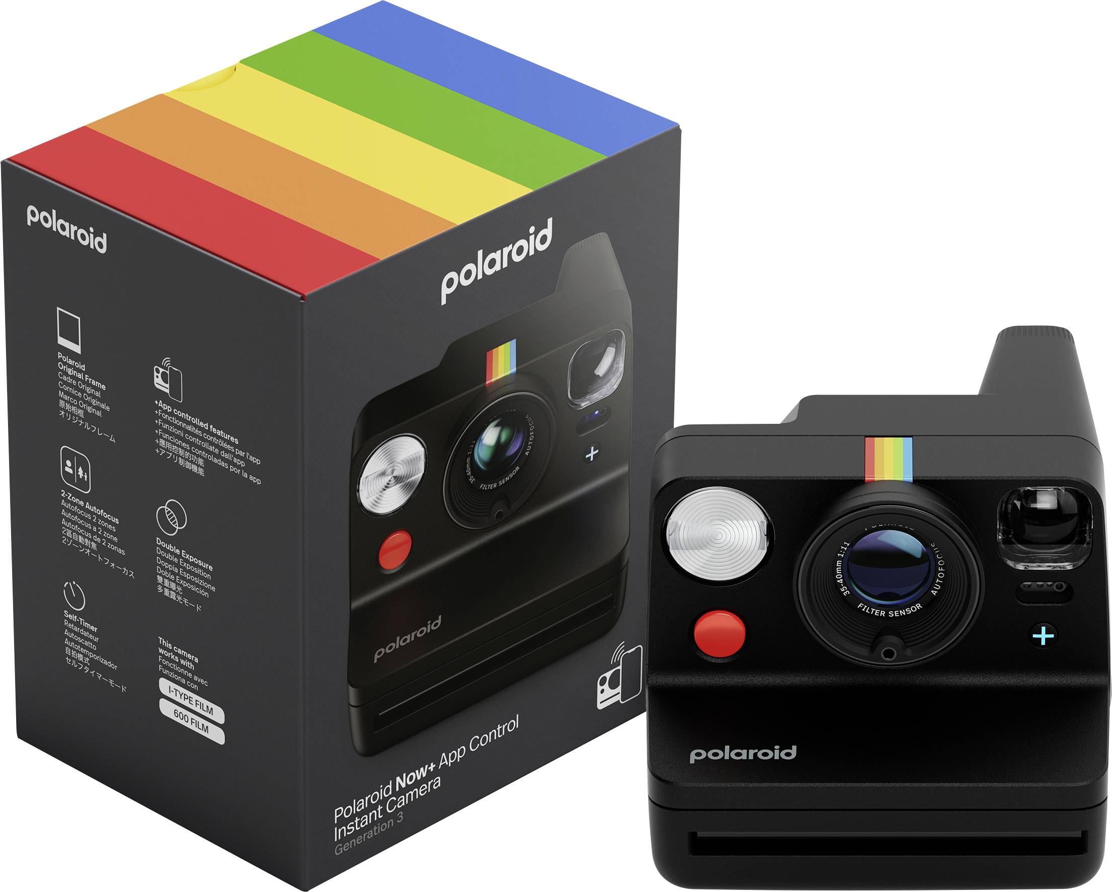 Камера Polaroid Now+ Gen3 чорного кольору. Чорна Bluetooth-камера Polaroid із вбудованим спалахом.