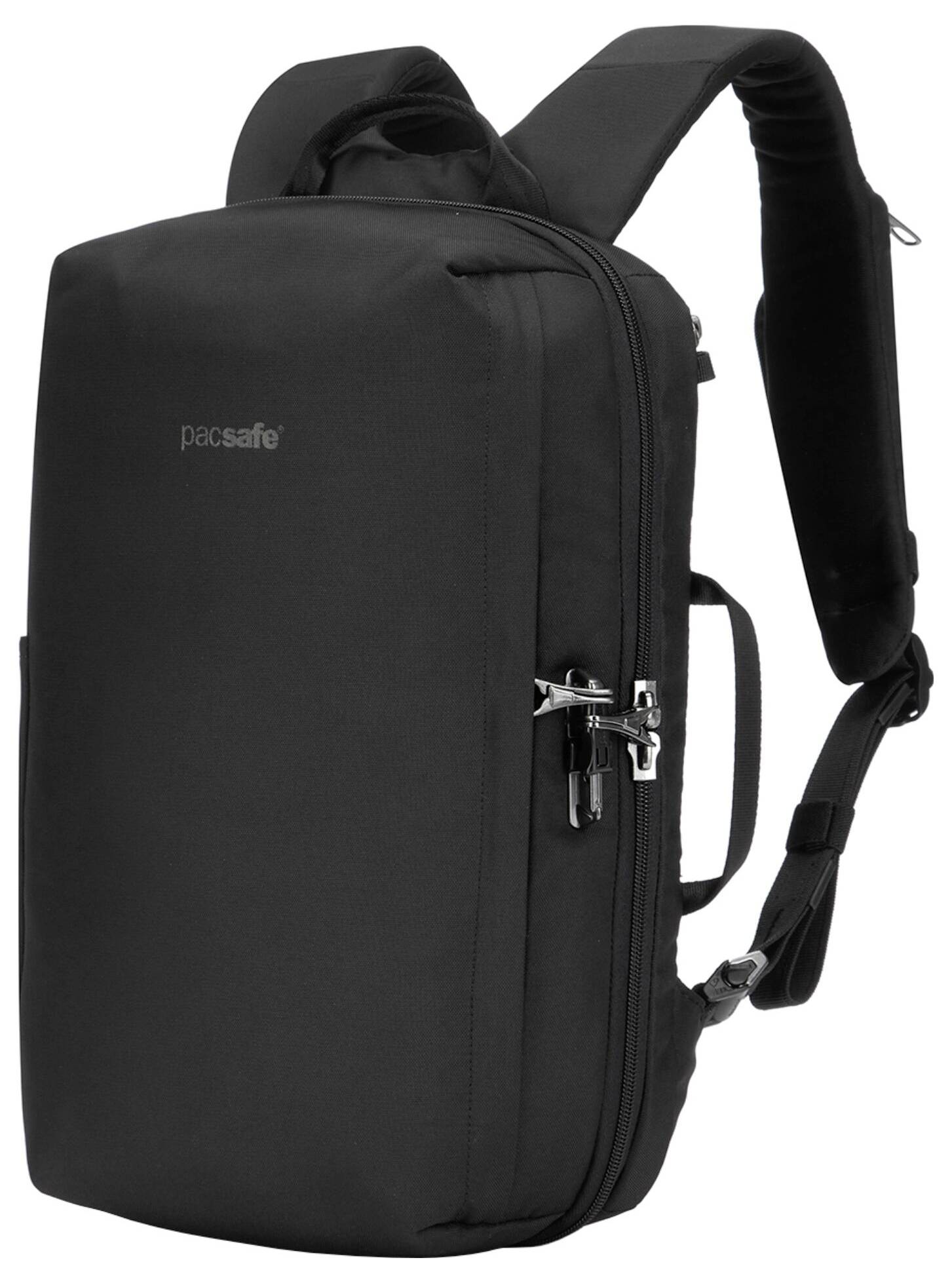 Czarny plecak antykradzieżowy z zabezpieczonymi zamkami i wyściełanymi paskami. Charakteryzuje się elegankim, funkcjonalnym designem, idealnym do podróży lub codziennego użytku.