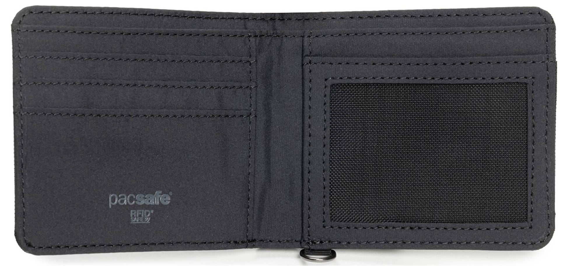 Czarny, otwarty portfel z przegródkami na karty po lewej stronie i okienkiem z siateczką na dowód tożsamości po prawej stronie, z widoczną marką 'pacsafe' i etykietą oznaczającą ochronę RFID.