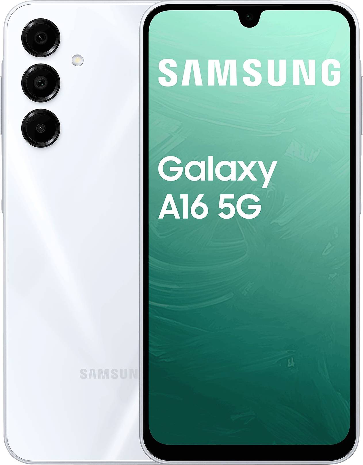 Smartfon Samsung Galaxy A16 5G z białym designem trzech aparatów z tyłu oraz wyświetlaczem pokazującym tekst 'Samsung Galaxy A16 5G'.