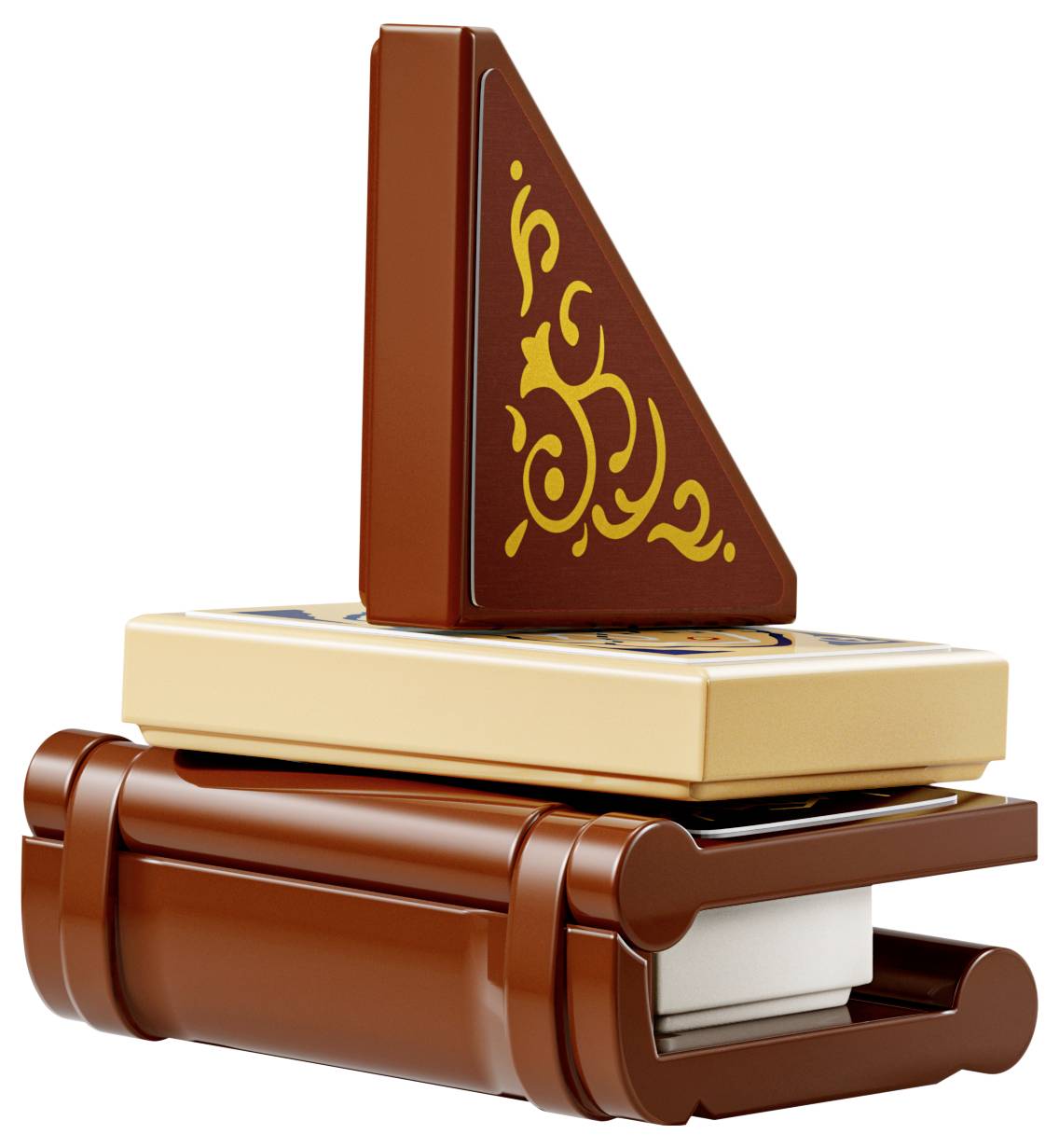 Stos książek LEGO z brązowym piórem i ozdobnym trójkątnym elementem na wierzchu, przypominający ustawienie biurka.