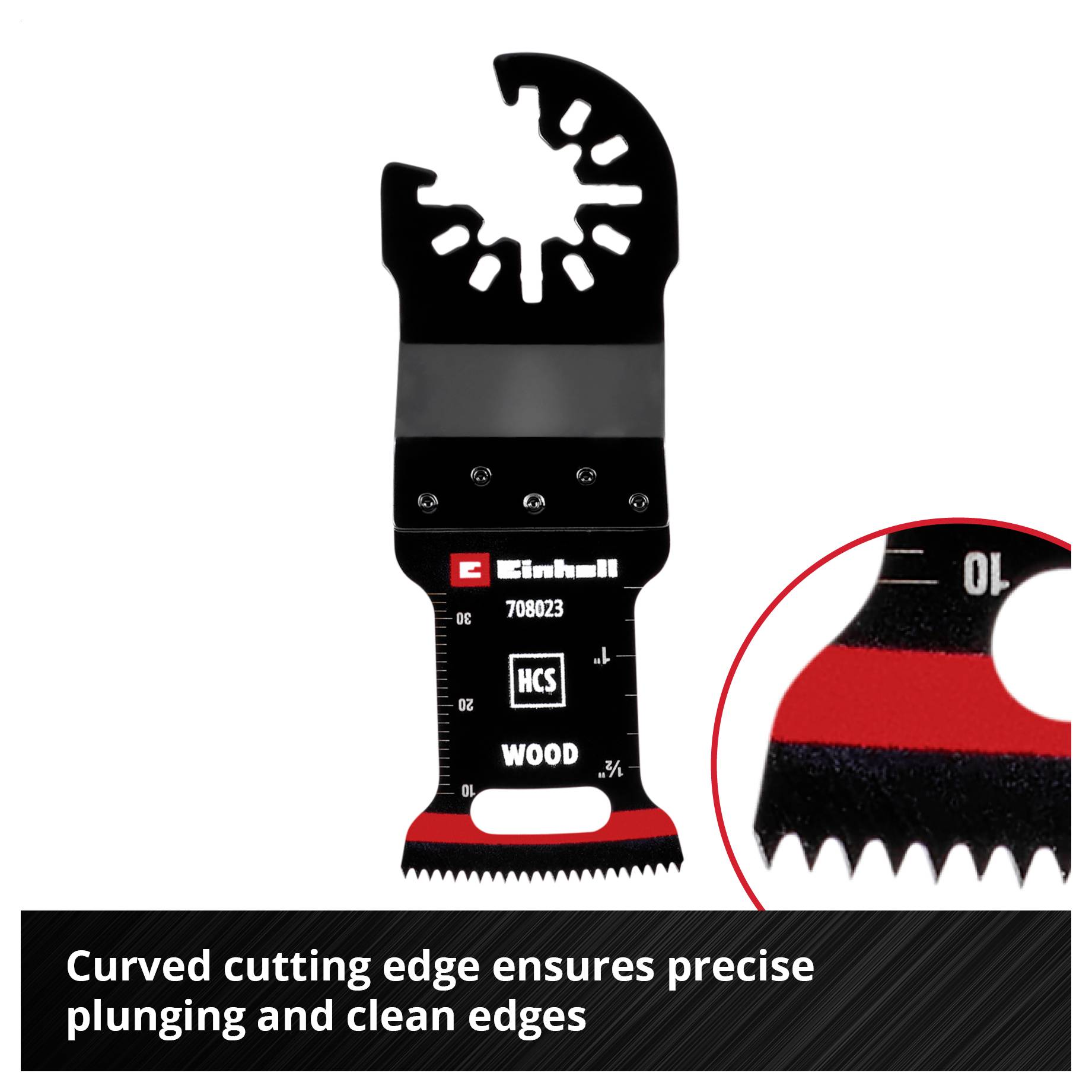 Czarno-czerwone piłki Einhell z zakrzywionym designem do precyzyjnego zanurzania i czystych cięć. Odpowiednia do drewna.