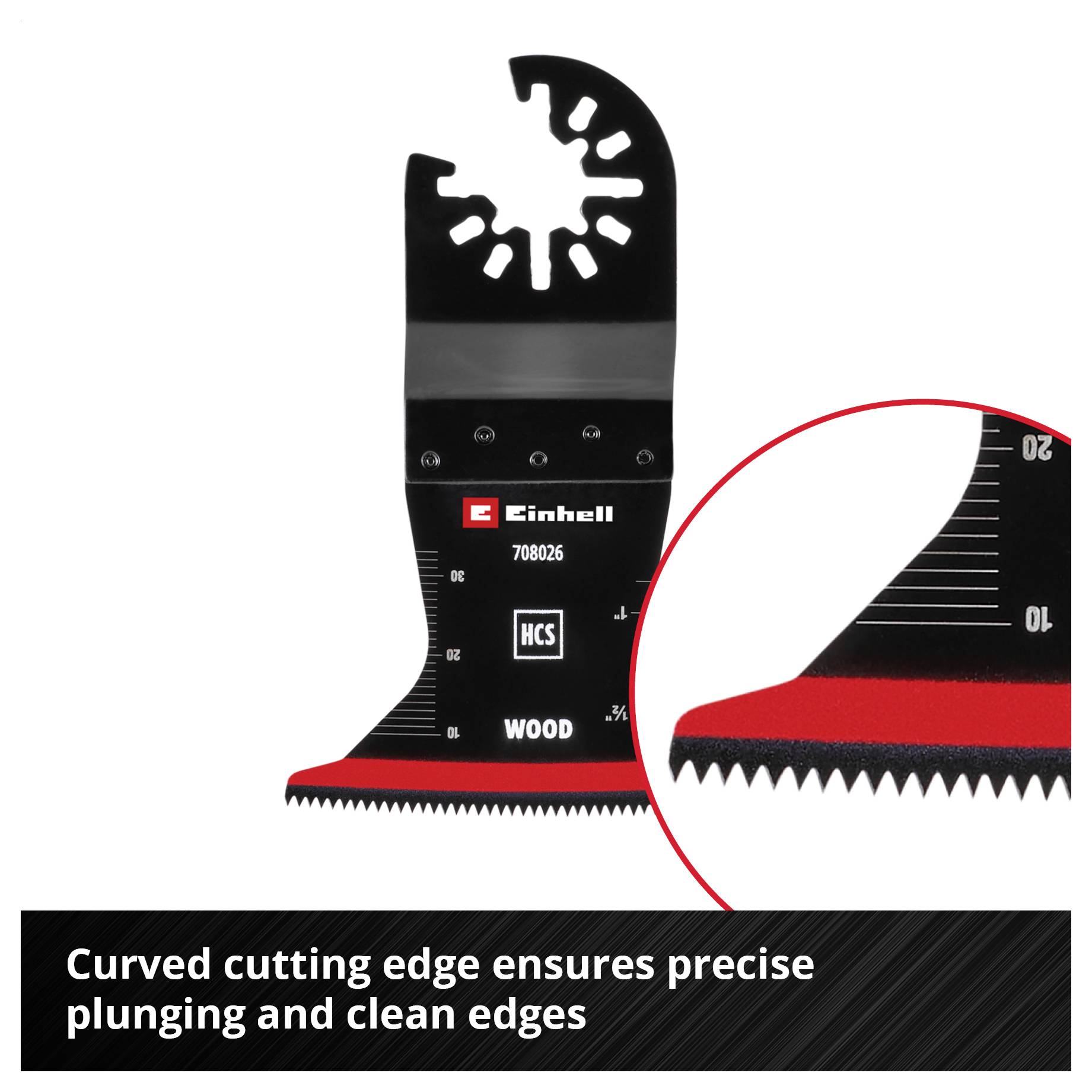 Piła Einhell z zakrzywioną krawędzią do precyzyjnego zanurzania. Zbliżenie pokazuje ząbkowany brzeg. Odpowiednia do drewna.