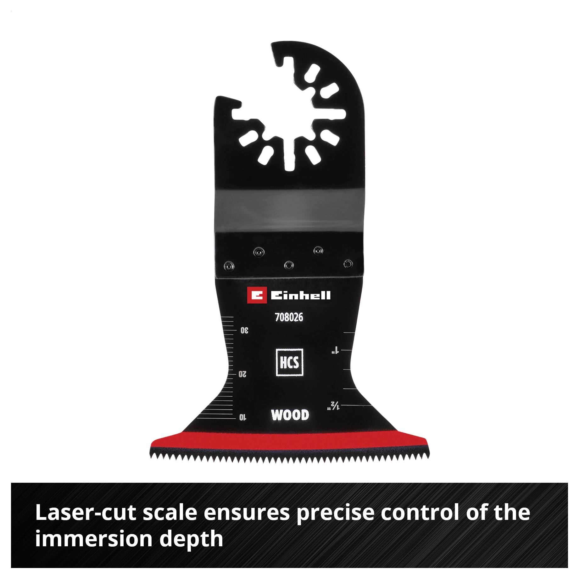 Wielofunkcyjne ostrze piłki do drewna, czarne, z otworami w kształcie skali u góry; czerwony brzeg u dołu. 'Wylaserowana skala gwarantuje dokładną kontrolę głębokości zanurzenia.'