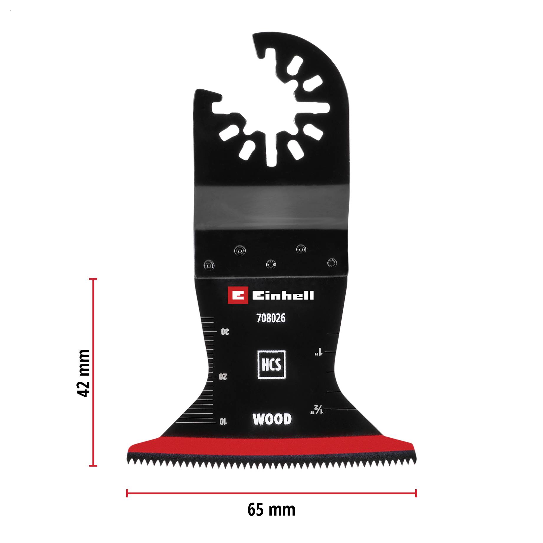 Oscylujące piłko do drewna, 42 mm x 65 mm, z oznaczeniem HCS i uzębieniem do precyzyjnych prac w drewnie.