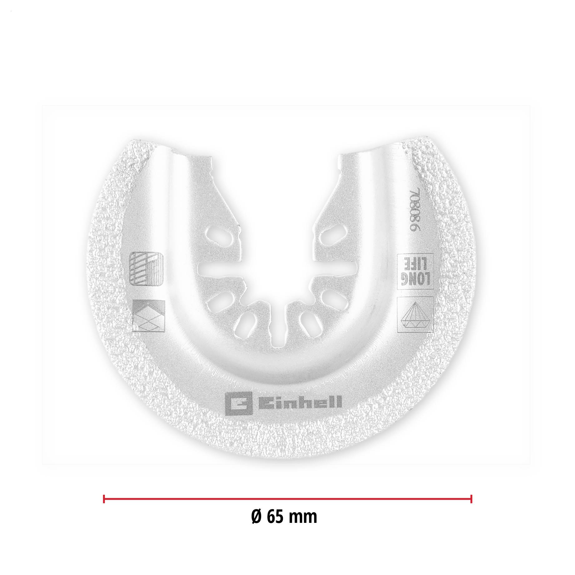 Srebrne piłko-ostrze z poszarpanymi krawędziami, średnica 65 mm, do narzędzi wielofunkcyjnych, nazwa marki widoczna pośrodku.