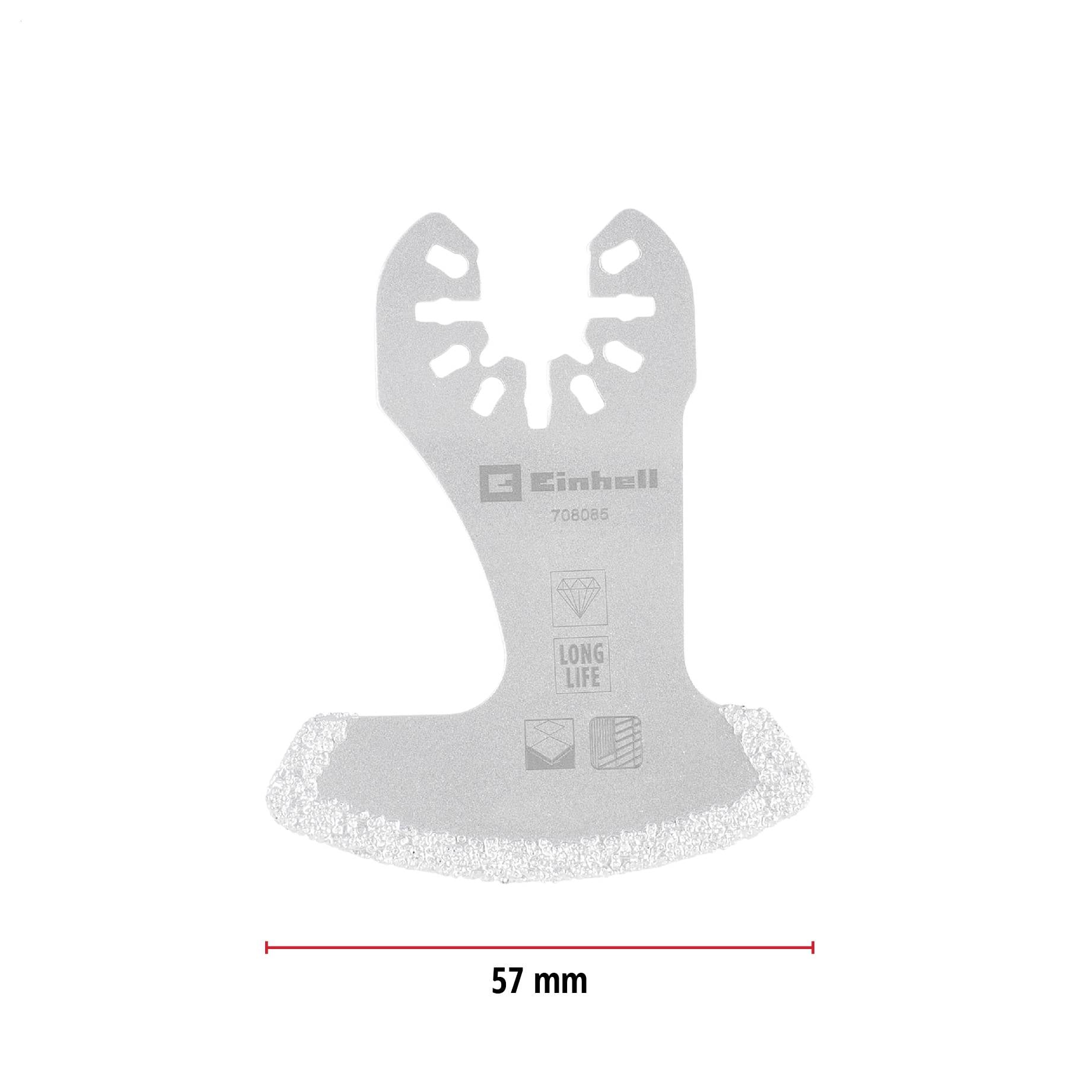 Wielofunkcyjne piłko-pało o szerokości 57 mm, odpowiednie do drewna, metalu i plastiku. Zawiera napis „LONG LIFE".