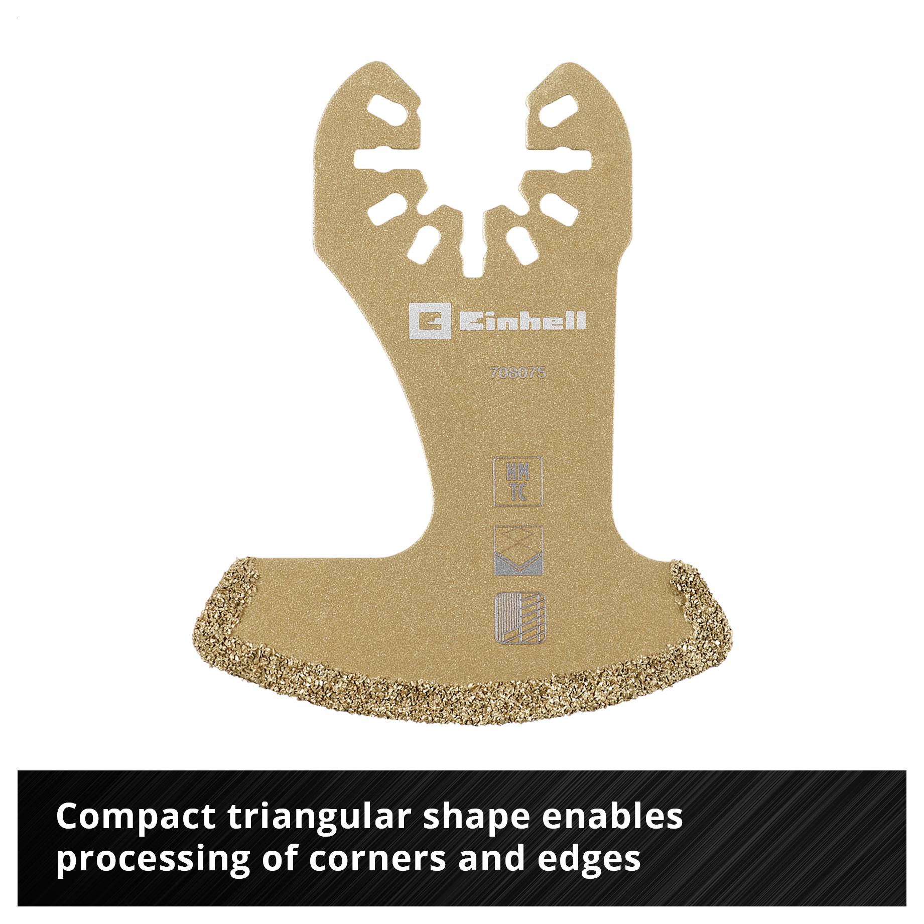 Segmentowana tarcza piłowa z powłoką złotą, odpowiednia dla trudno dostępnych narożników i krawędzi. Tekst: 'Forma segmentowana idealna'.