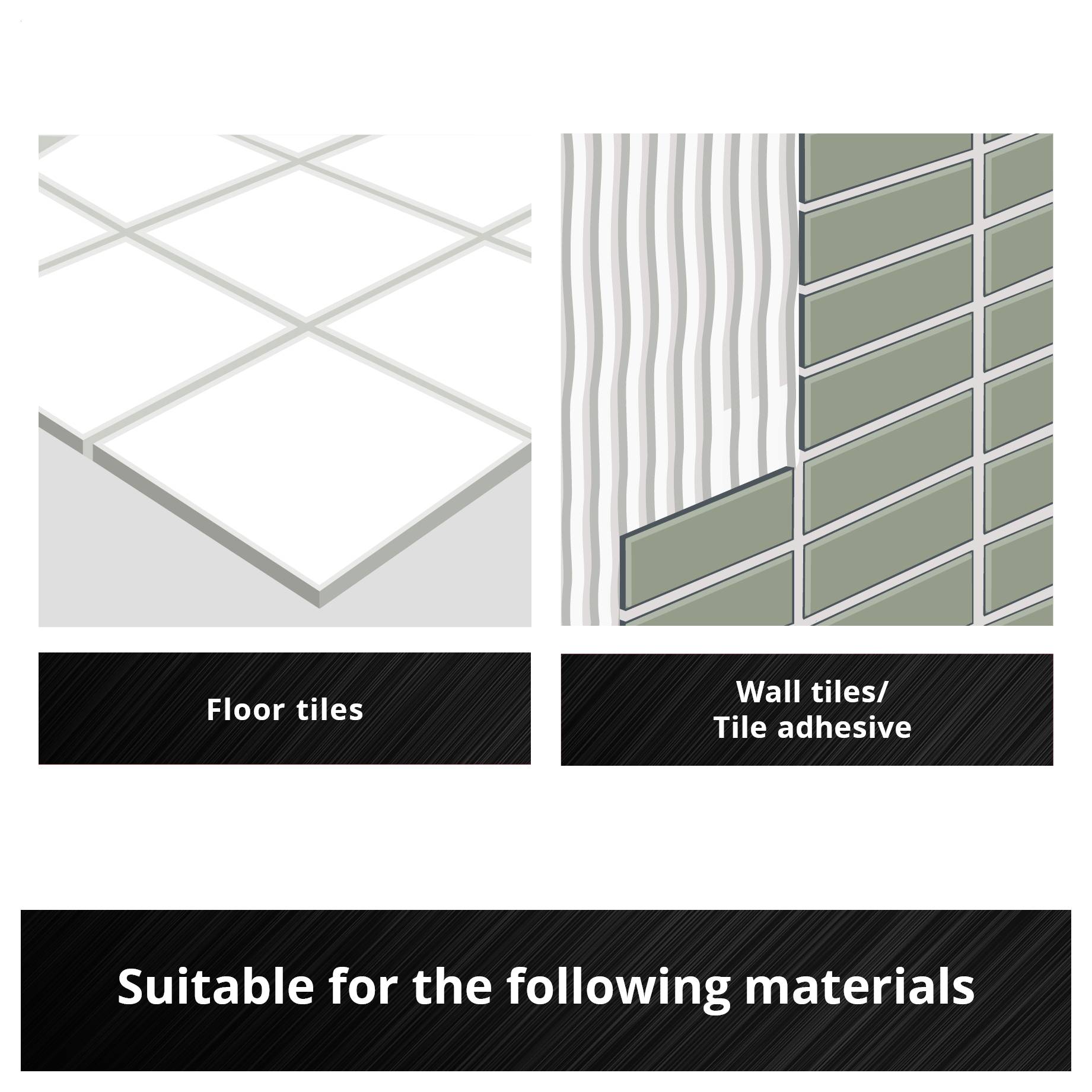 Odpowiedni dla następujących materiałów: płytki podłogowe, płytki ścienne/klej do płytek. Obraz pokazuje stylizowane płytki i strukturalny klej.
