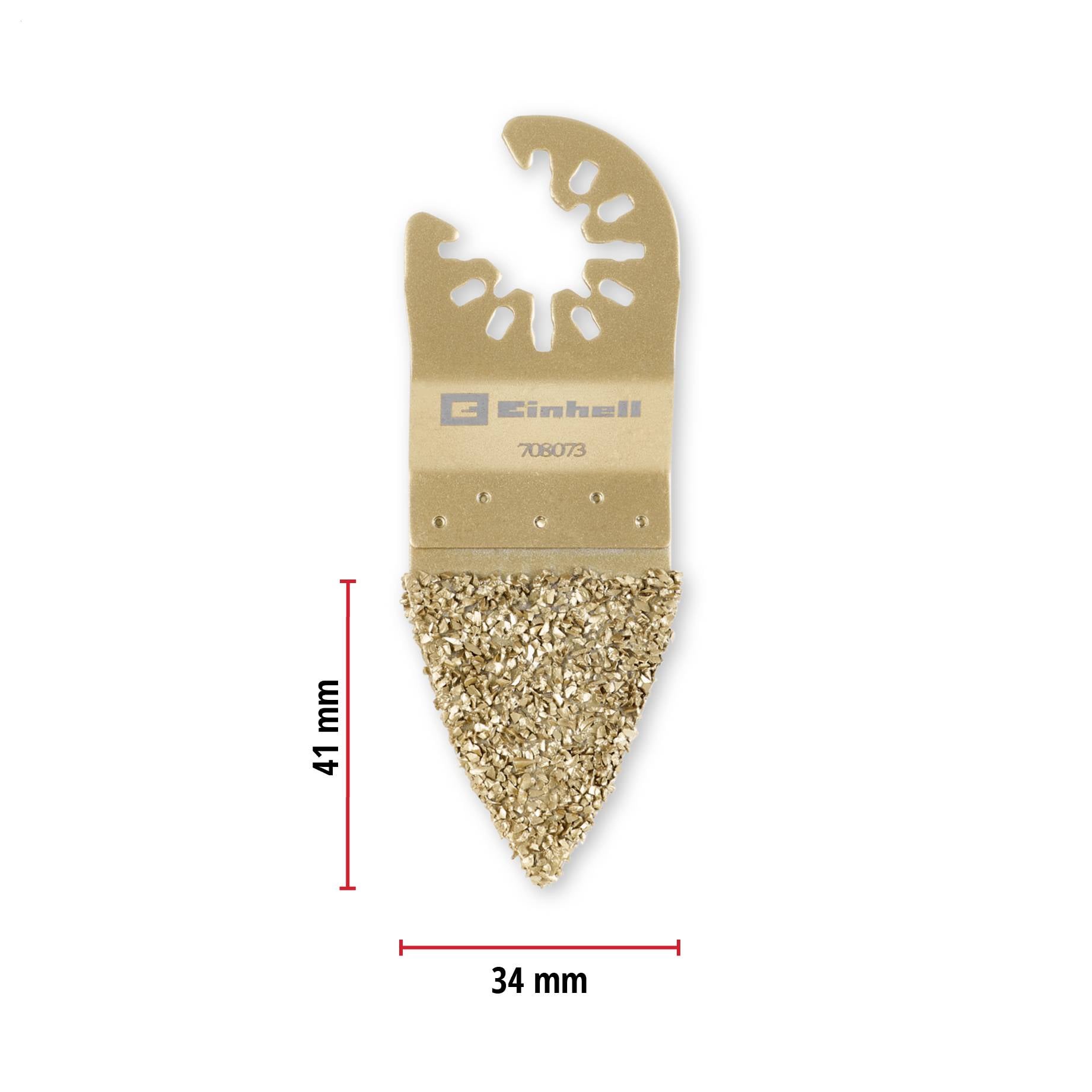 Tarcza piły marki Einhell ze złotym powłoką i grubym uziarnieniem. Napis "Einhell", długość 41 mm, szerokość 34 mm.