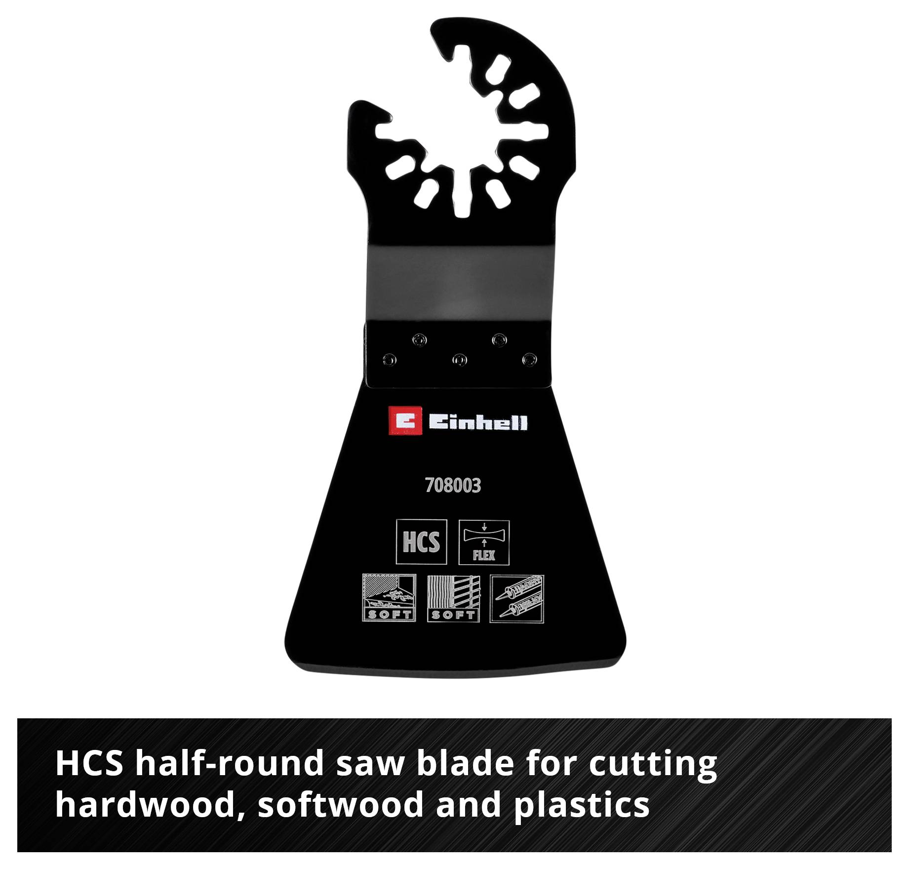 Piła Einhell, trwały stal węglowa, zapewnia wysoką wytrzymałość. Materiał HCS, napis Soft Metal na czarnej piłce.