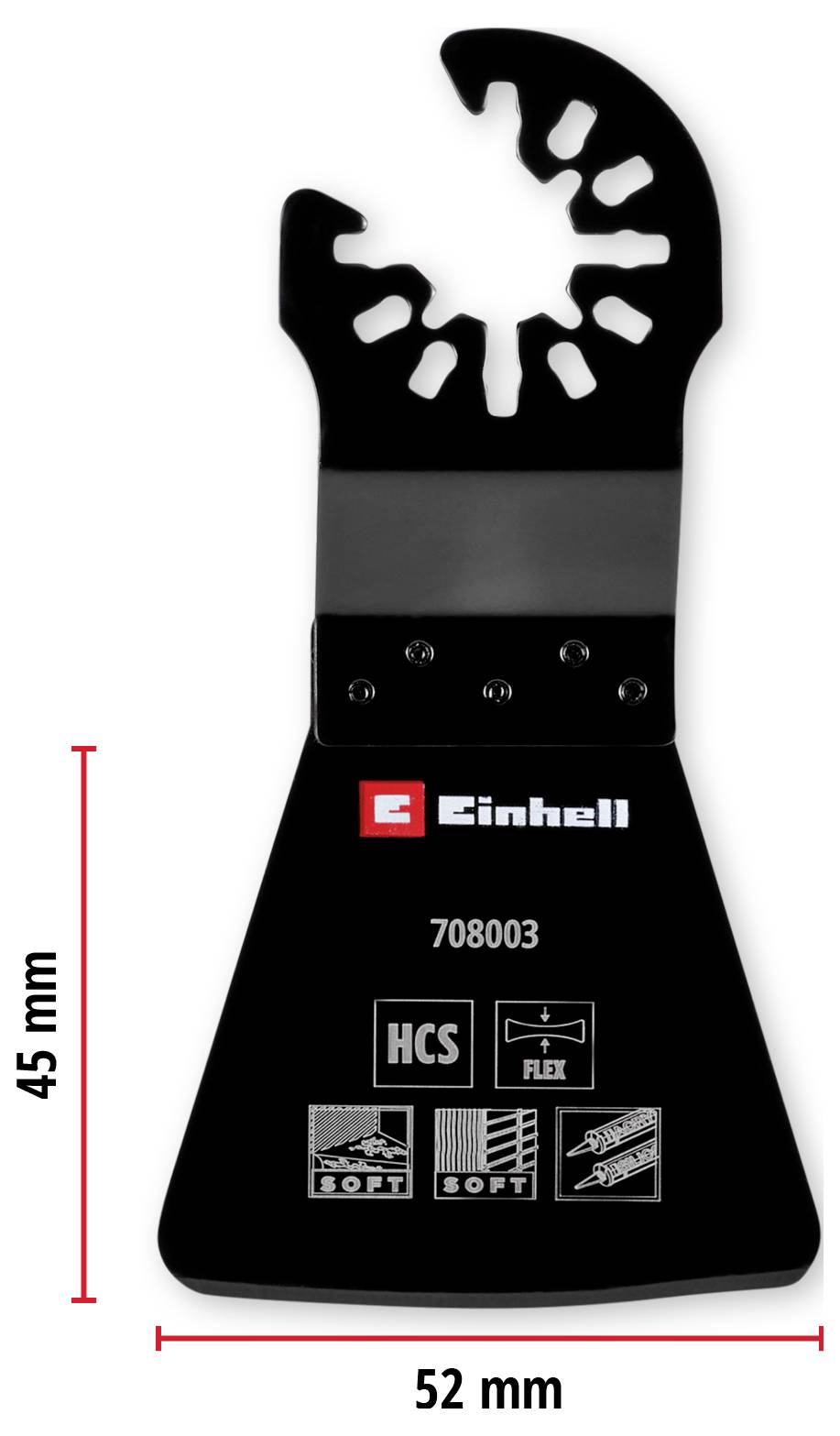 Wielofunkcyjne ostrze piłki, prostokątne, o szerokości 52 mm i wysokości 45 mm, z nazwą marki i symbolami dla miękkich materiałów.