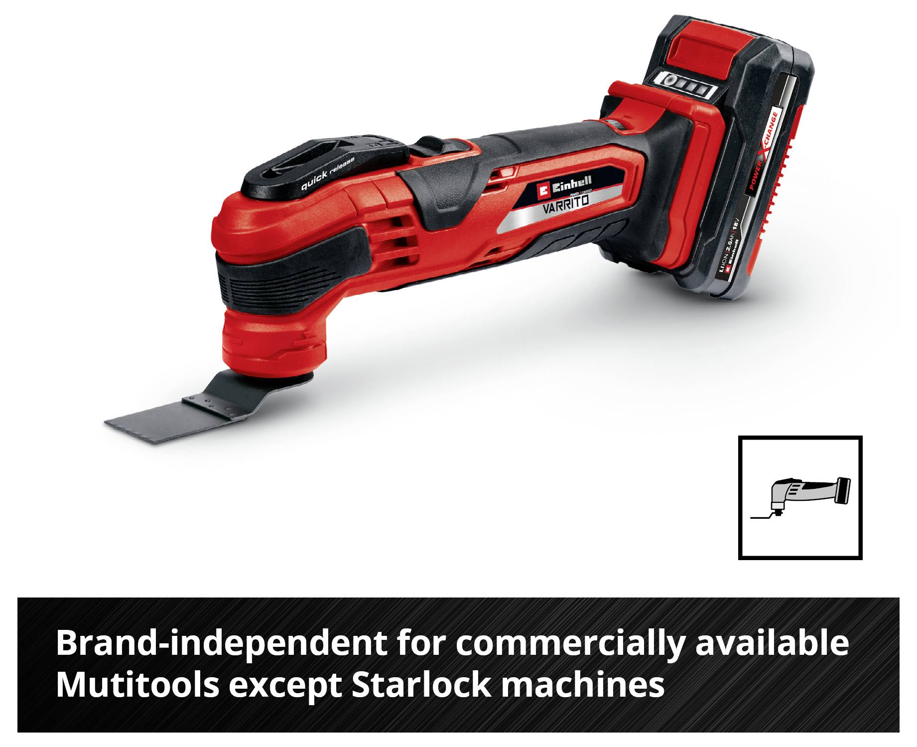 Czerwone akumulatorowe wielofunkcyjne narzędzie z nasadką. Tekst: „Uniwersalne do handlowych multitooli z wyjątkiem maszyn Starlock".