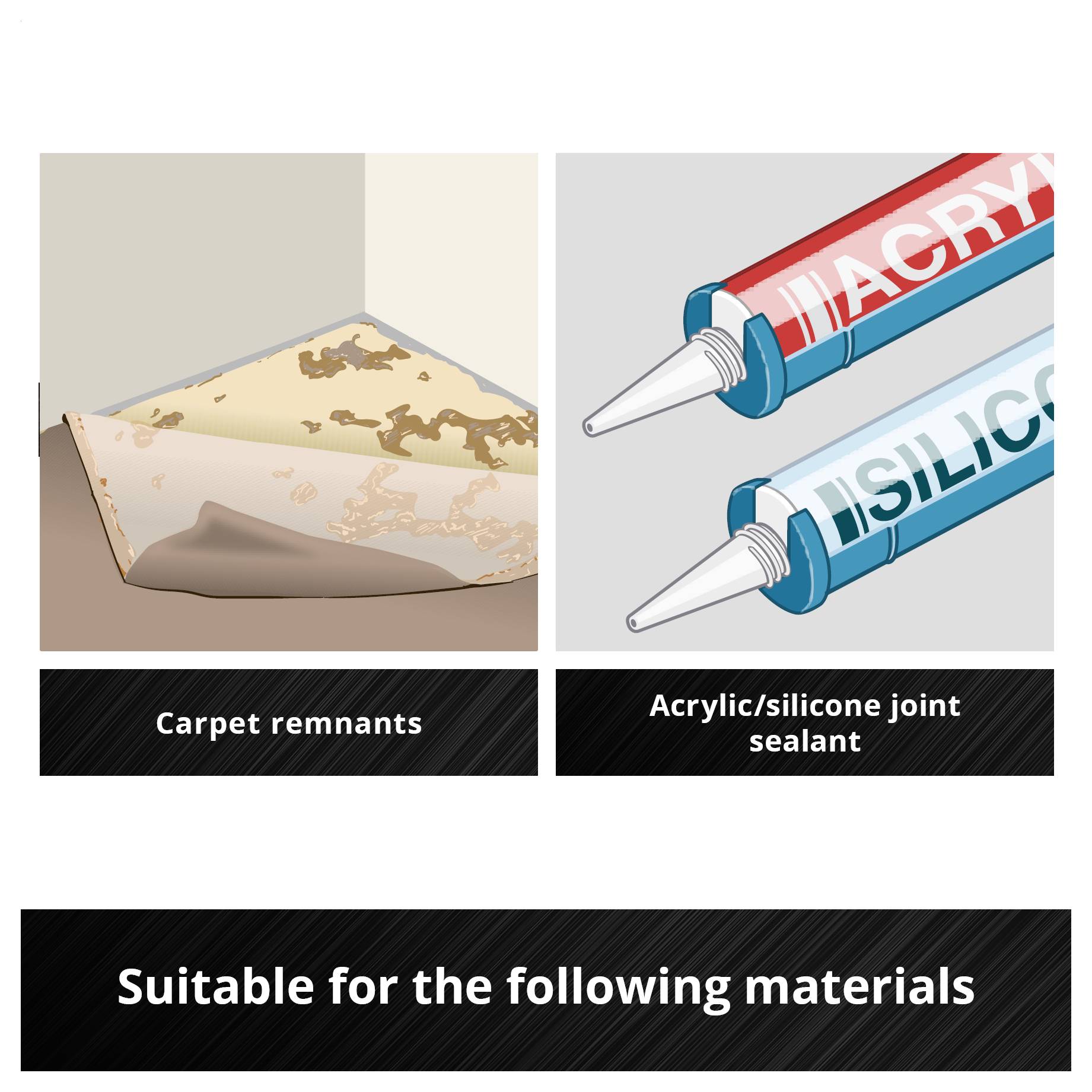 'Odpowiedni dla następujących materiałów: resztki dywanu; uszczelniacz akrylowy/silikonowy.' Ilustracja pokazuje tuby farby i uszkodzoną ścianę z dywanem.