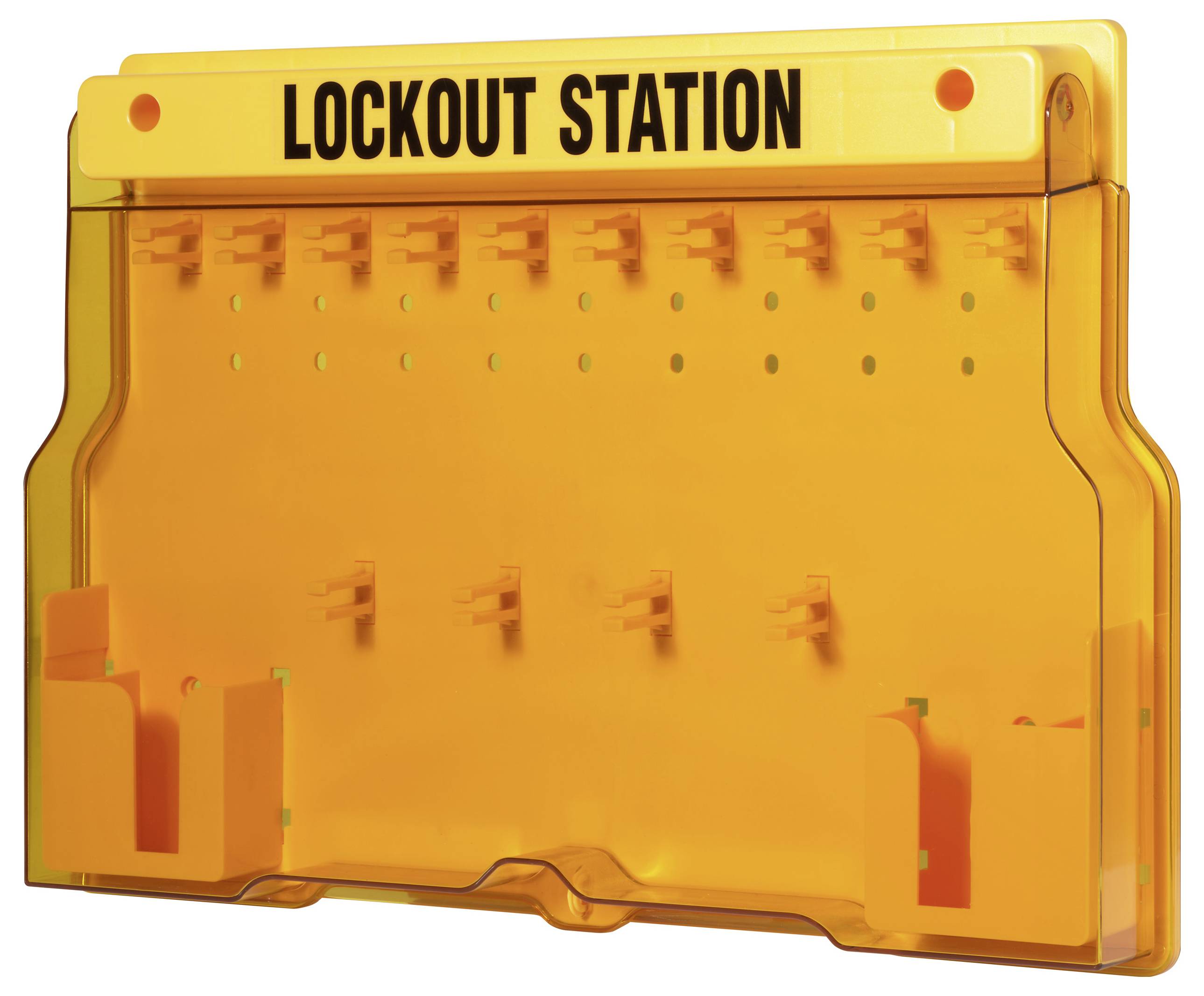 Pomarańczowa stacja blokowania z wieloma hakami do przechowywania urządzeń do blokowania i oznaczania (lockout tagout). Znak jest napisany pogrubionymi czarnymi literami "STACJA BLOKOWANIA".