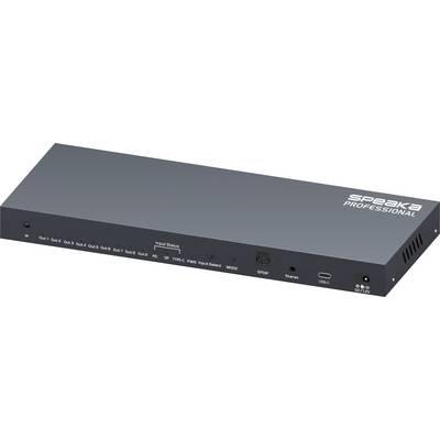 Urządzenie 'SPEAKA Professional', czarne, z oznaczonymi portami I/O z przodu, w tym HDMI, USB-C. Służy do podłączania i przełączania źródeł audio/wideo.