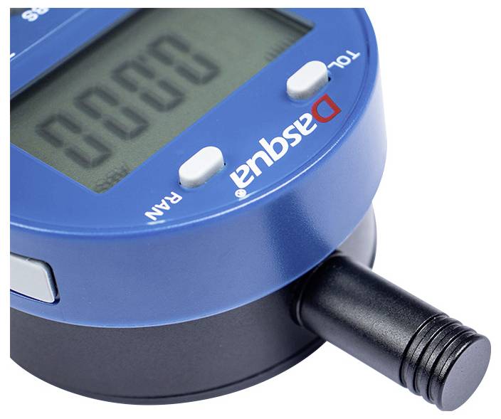 Cyfrowy miernik z niebieską obudową wyświetla '0000' na ekranie, z logo 'DASQUA'. Na dole posiada cylindryczną sondę.