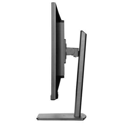 Widok z boku szczupłego, czarnego monitora komputerowego na podstawce, prezentujący jego smukłą sylwetkę i nowoczesny design.