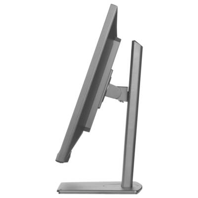 Widok z boku cienkiego, nowoczesnego monitora komputerowego na podstawce, w orientacji profilu, prezentujący jego smukły design.