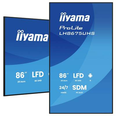 Dwa niebieskie ekrany wyświetlające z oznakowaniem 'iiyama ProLite LH8675UHS'. Funkcje obejmują 86-calowy wyświetlacz LFD 4K UHD, pracę 24/7, system Android 11 oraz gniazdo SDM PC.