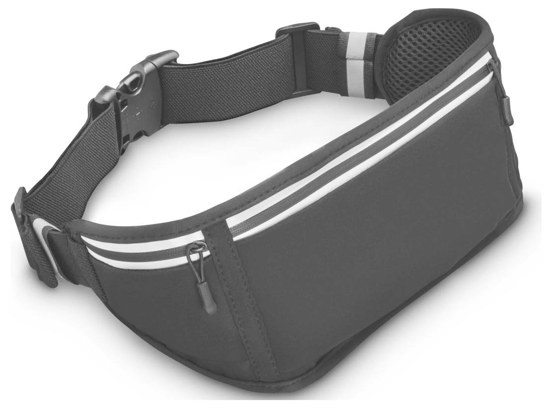 Czarny pas do biegania z paskiem odblaskowym i regulowaną klamrą, przeznaczony do aktywności fizycznych.