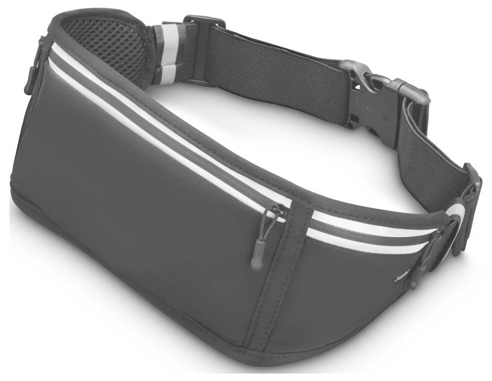 Pas biodrowy z podwójnymi kieszeniami na zamek błyskawiczny i pasami odblaskowymi, zaprojektowany do przenoszenia niezbędnych rzeczy podczas aktywności takich jak bieganie lub spacerowanie.