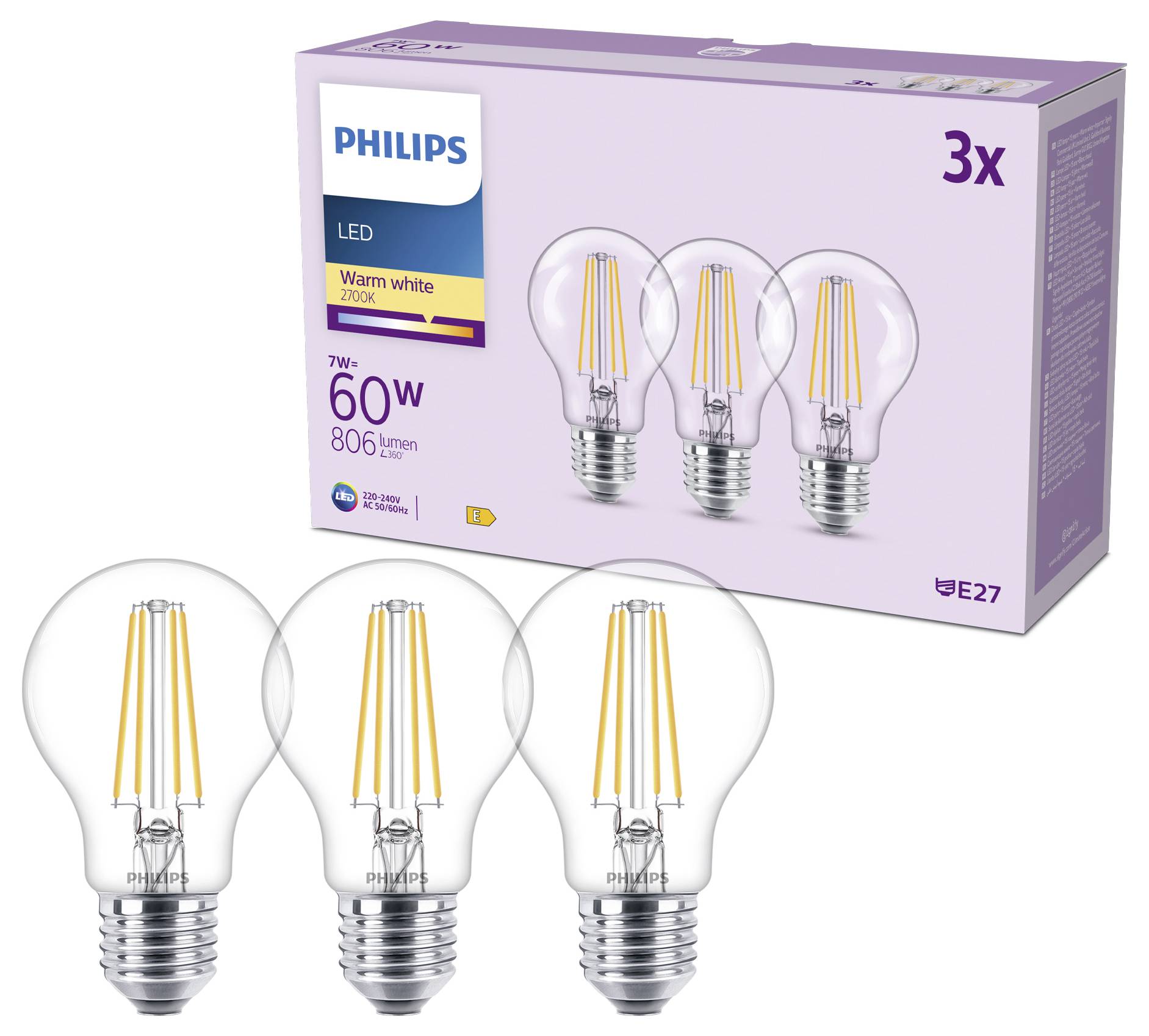 Світлодіодна лампа Philips 8721103047441 E-27 7 Вт = 60 Вт 806 лм теплий білий 3 шт.