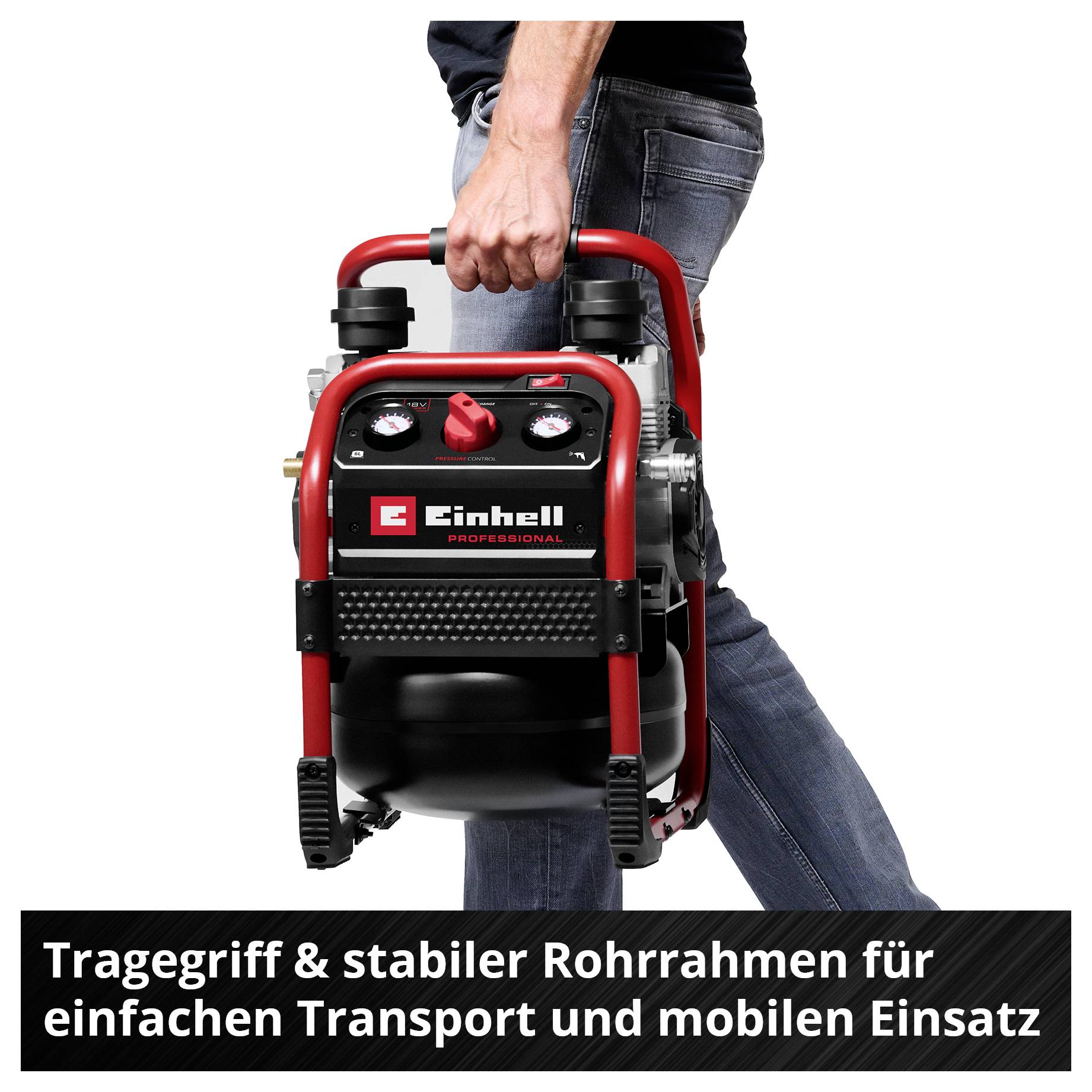 Mężczyzna nosi kompresor Einhell z uchwytem nośnym i ramą rurową; poniżej widnieje napis: 'Uchwyt nośny i stabilna rama rurowa umożliwiająca łatwy transport i mobilne zastosowanie'.