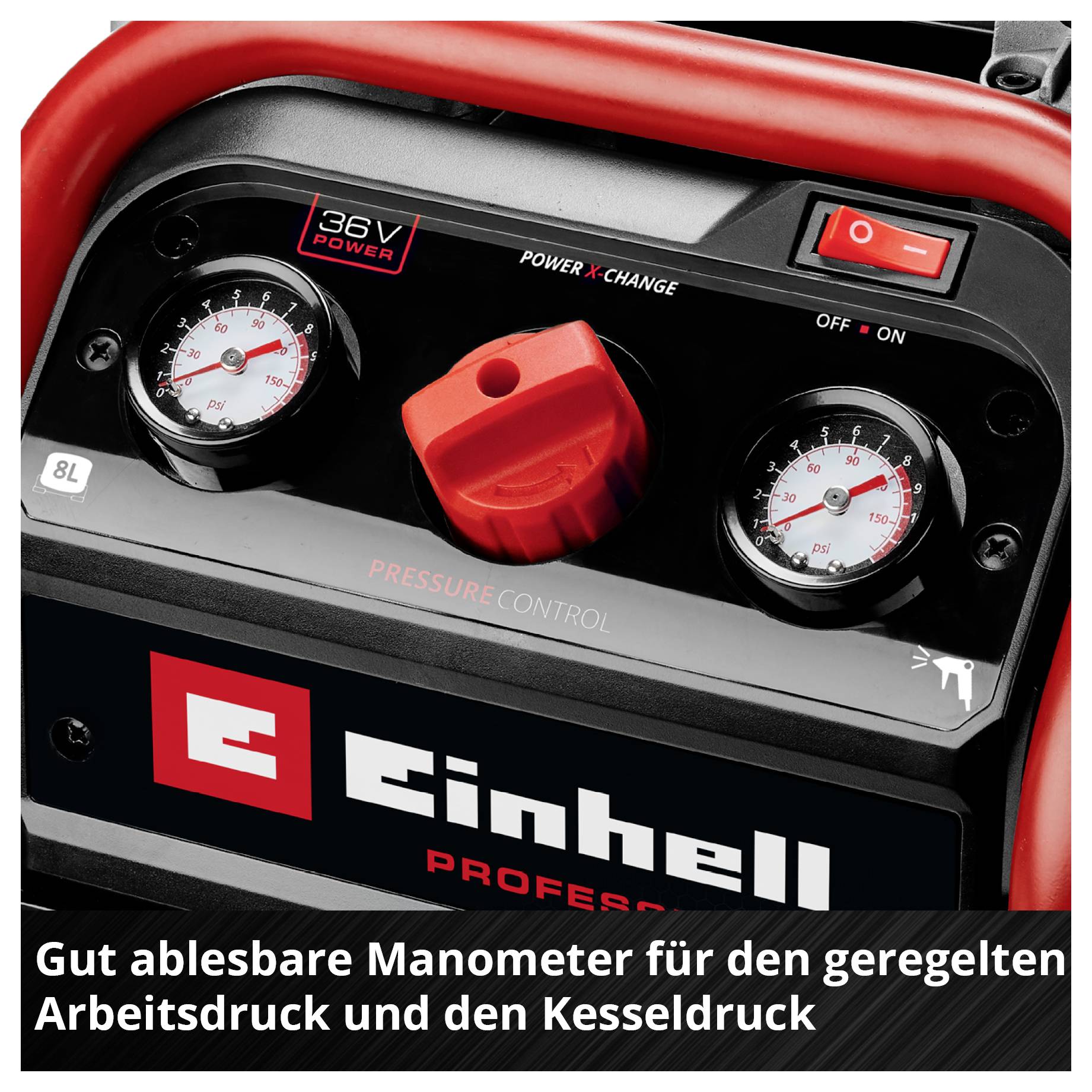 Zbliżenie urządzenia pneumatycznego Einhell z dwoma manometrami, czerwonym pokrętłem regulacyjnym i przełącznikiem włącznik/wyłącznik; tekst: „Dobrze czytelne manometry do regulowanego ciśnienia roboczego i ciśnienia zbiornika"