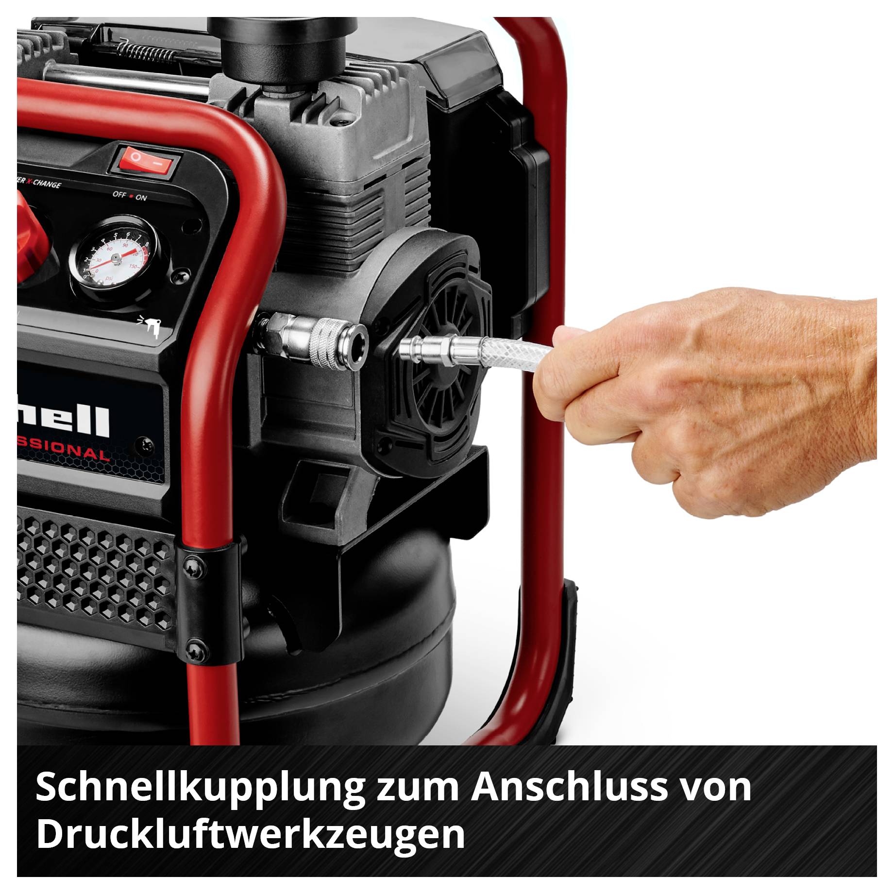 Ręka łączy przewód pneumatyczny ze szybkozłączką kompresora; tekst informacyjny: 'Szybkozłączka do podłączania narzędzi pneumatycznych'.