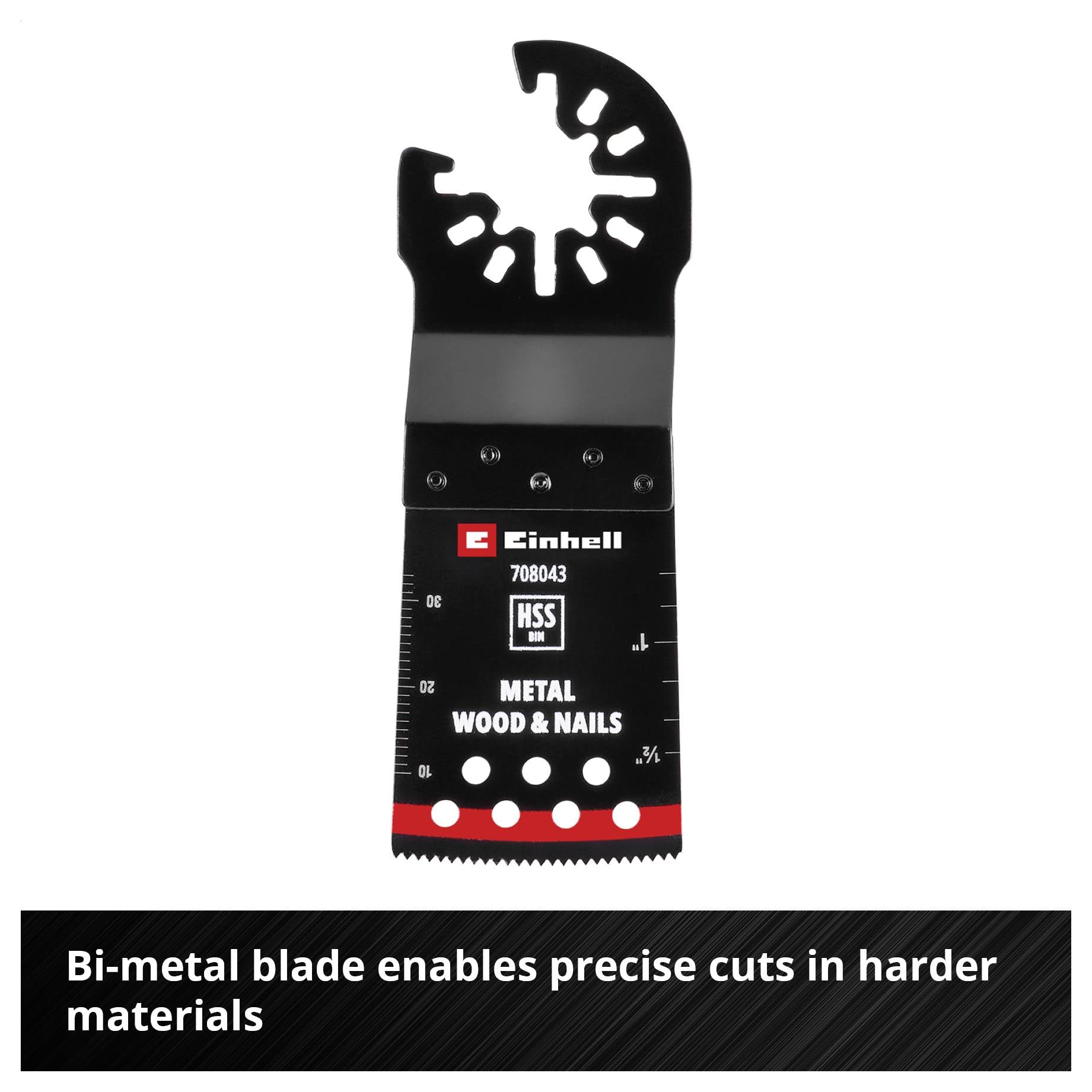 Bimetalowa piła Einhell do precyzyjnych cięć w metalu, drewnie i gwoździach, odpowiednia dla twardszych materiałów.