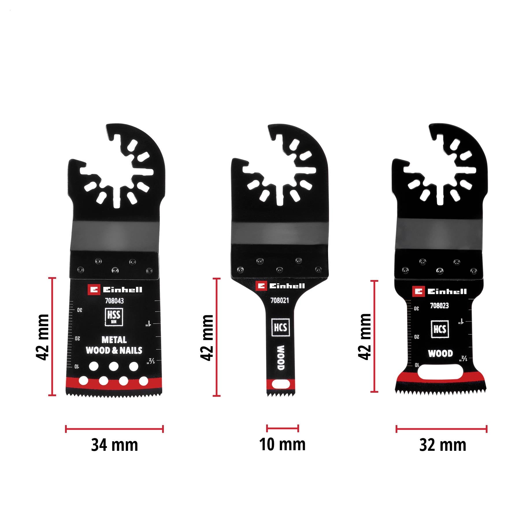Trzy uniwersalne piły Einhell w różnych rozmiarach i kształtach do metalu, drewna i gwoździ. Wymiary: 34x42 mm, 10x42 mm, 32x42 mm.