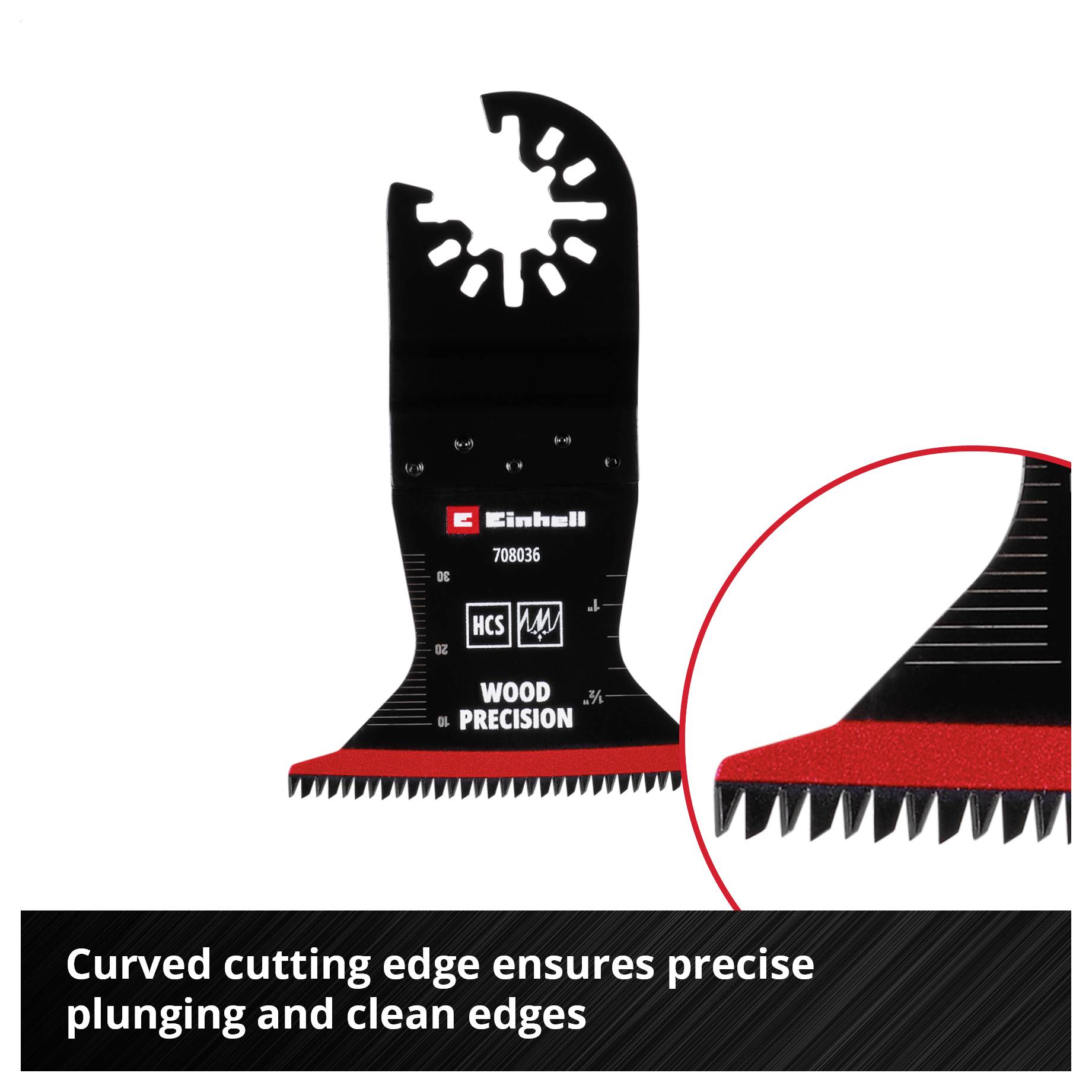 Zakrzywiona nasadka z czerwonymi zębami, odpowiednia do precyzyjnych prac drewnianych. Tekst na obrazie: 'Krawędź z pojedynczym zębem zapewnia precyzyjne, czyste krawędzie'.