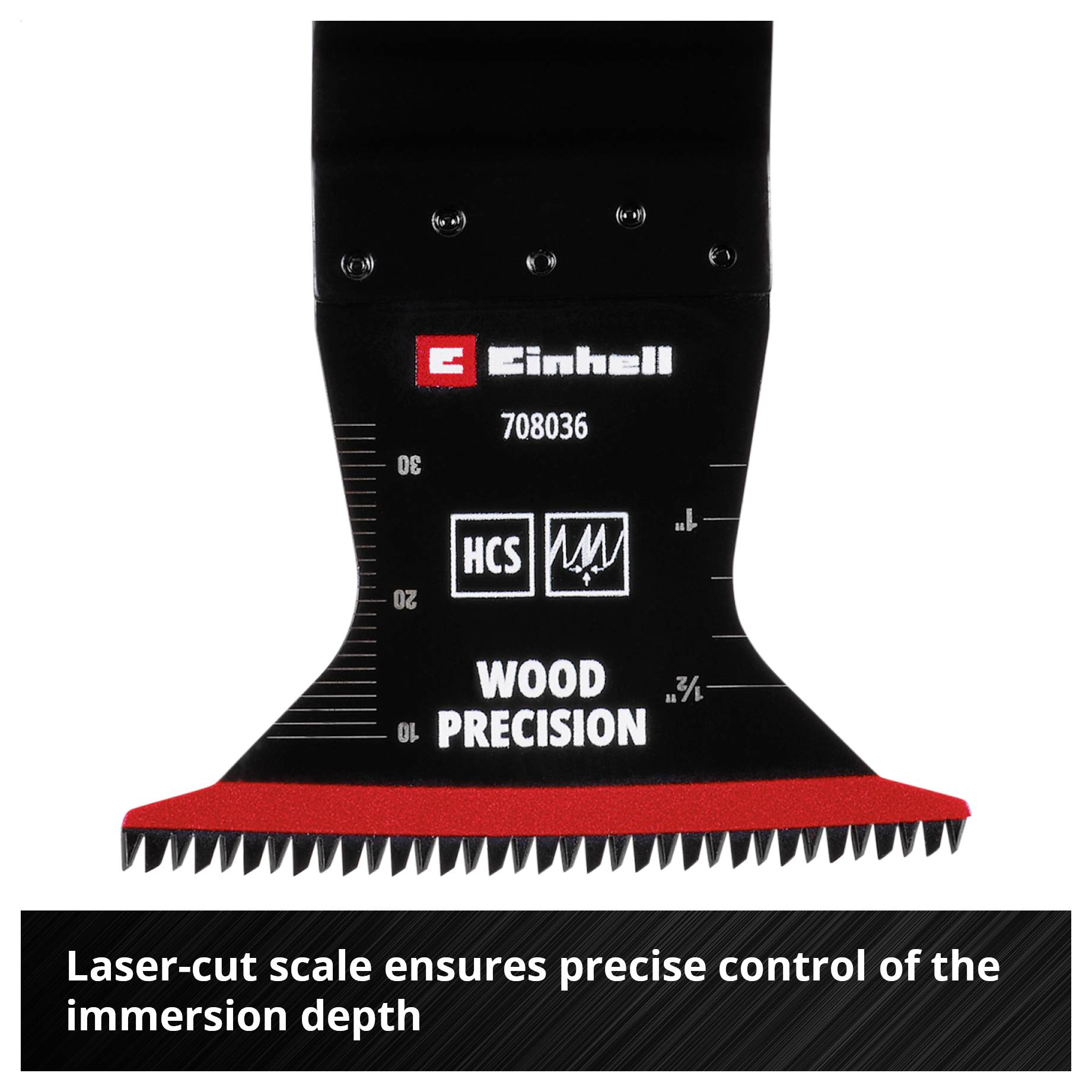 Wielofunkcyjne ostrze narzędziowe z wygrawerowaną skalą laserową do precyzyjnej kontroli głębokości zanurzenia, czarna powierzchnia z czerwonym ozdobnym brzegiem.