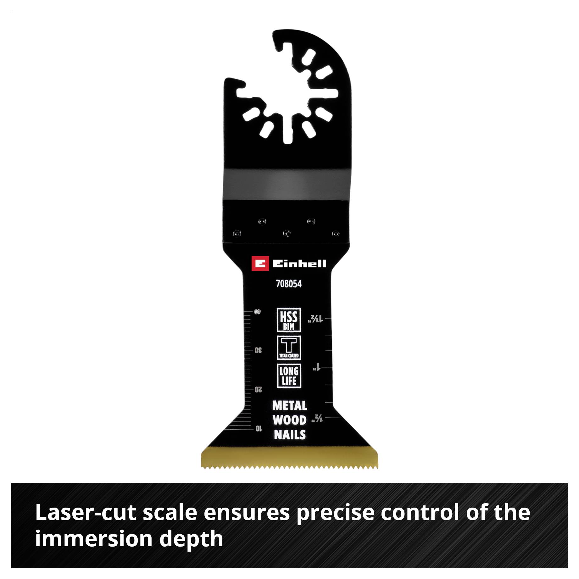 Piła wielofunkcyjna ze skalą wygrawerowaną laserem. Oznaczenia dla metalu, drewna i gwoździ. Tekst: 'Einhell', 'MSS', 'LONG LIFE'.