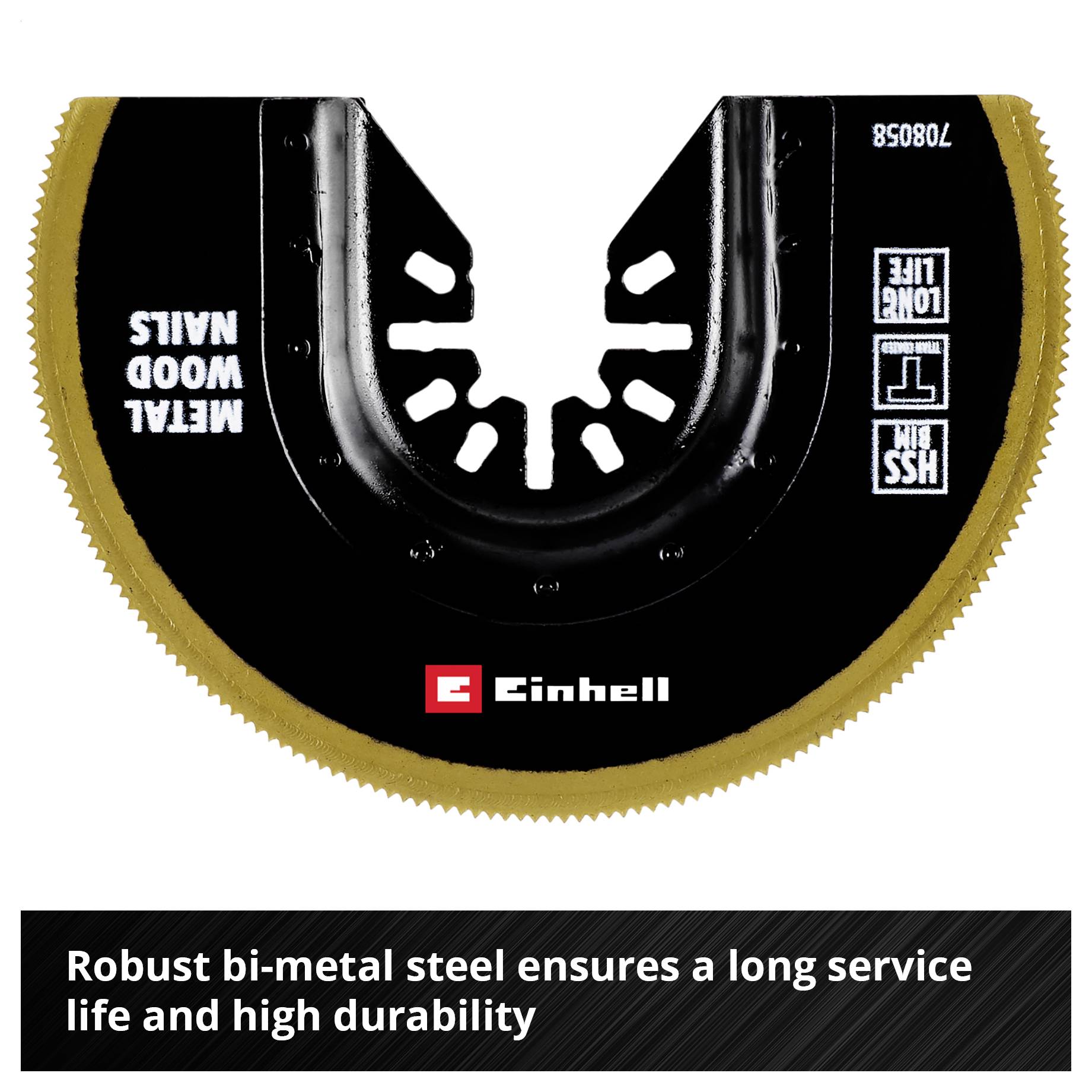 Piła 'Einhell': Półokrągły kształt, odpowiednia do metalu, drewna, gwoździ. Wytrzymała stal dwumetalowa o długim okresie eksploatacji.