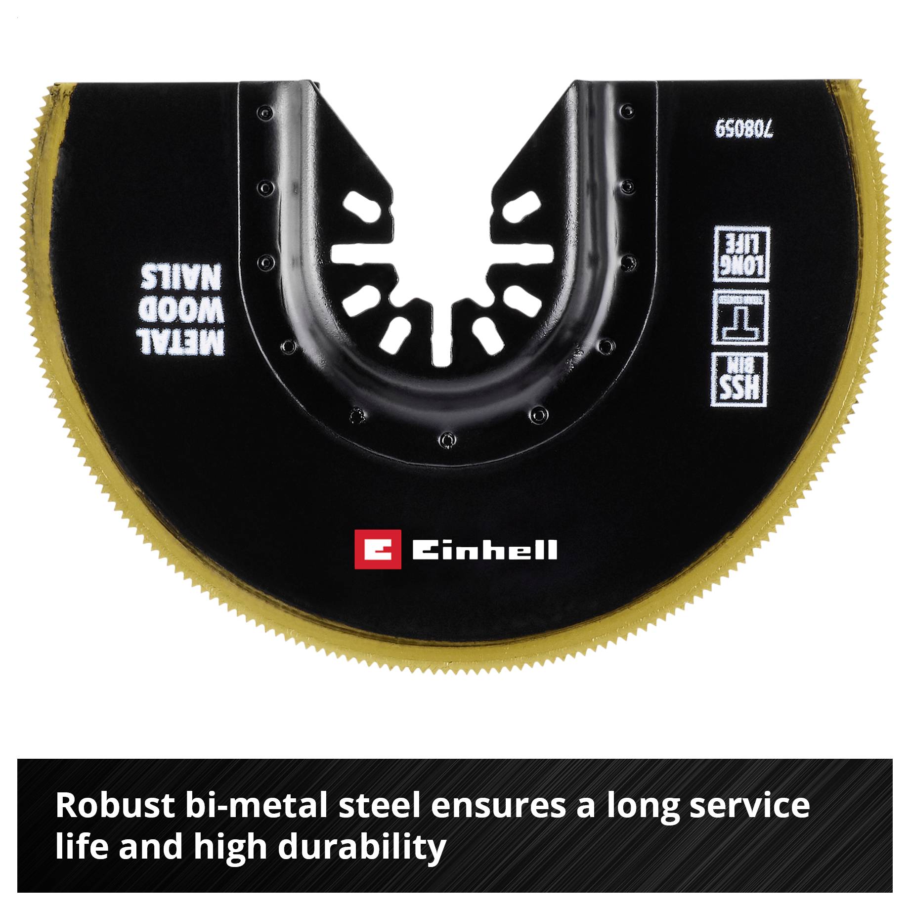 Okrągła tarcza piłownicza z nazębionym brzegiem, odpowiednia do metalu i drewna. Tekst: 'Wytrzymały stal bimetaliczna zapewnia długi czas pracy i wysoką trwałość'.