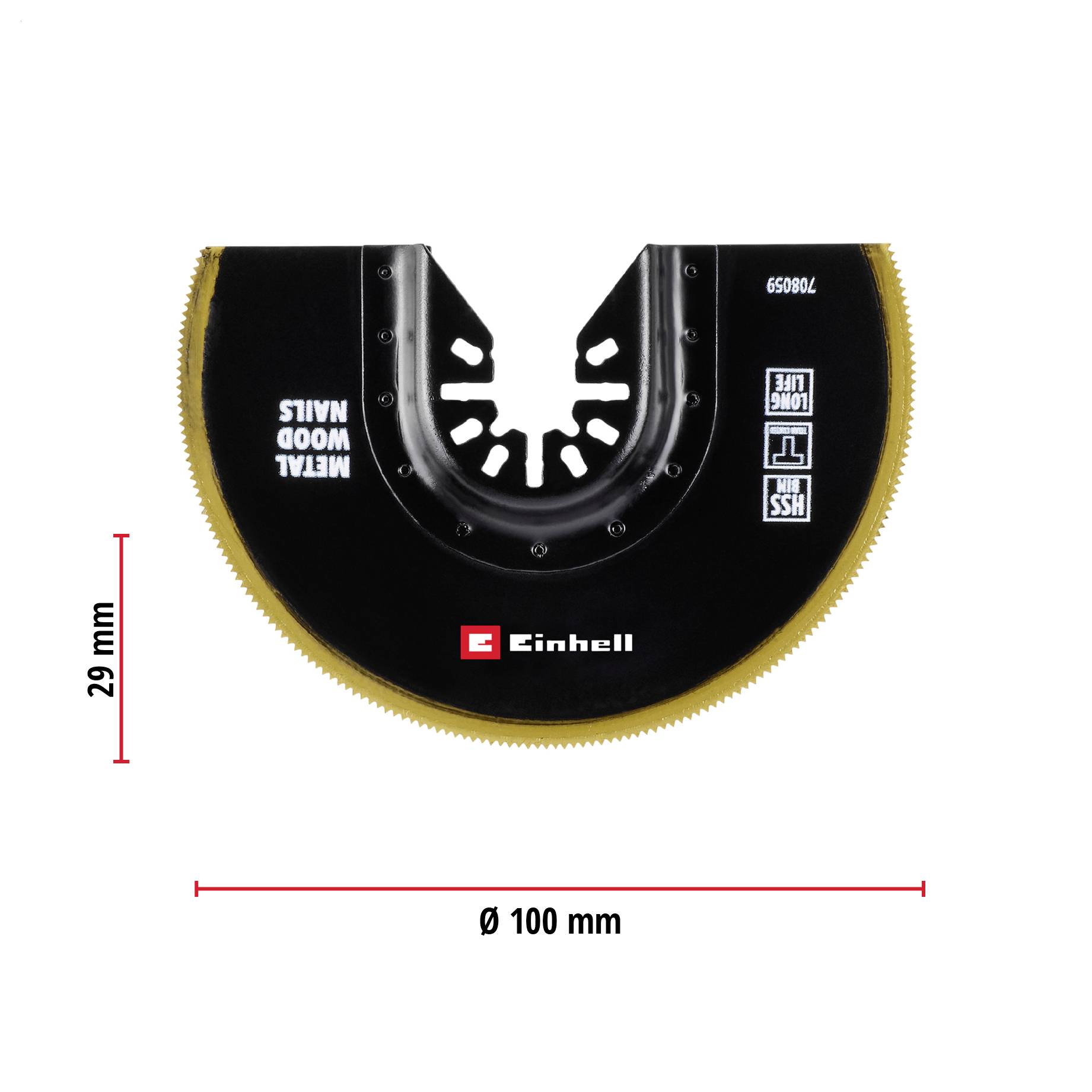 Dwie piły tarczowe Einhell, odpowiednie do drewna. Tekst poniżej: 'Liście ze stali węglowej są idealne do zabudowy suchej, drewna i tworzyw sztucznych'.